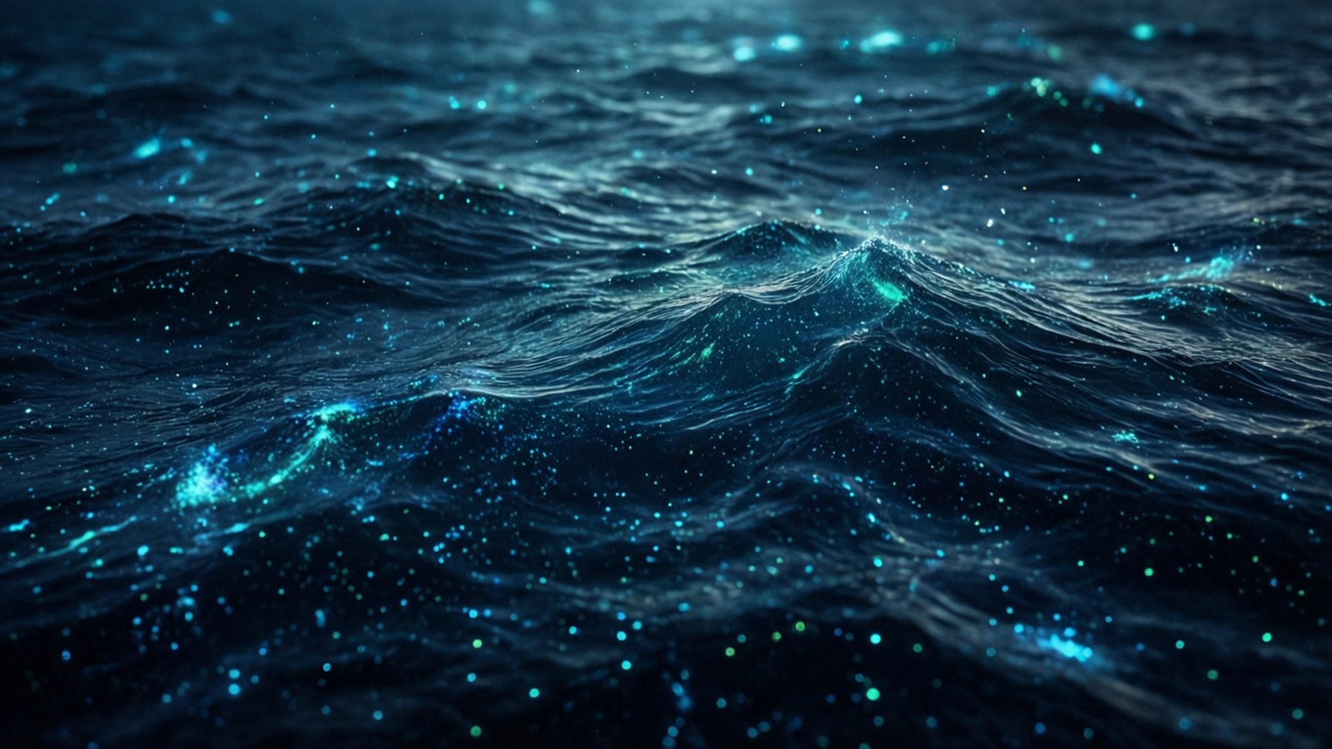 bioluminescent depths, bioluminescent sparkles, deep black ocean, Full HD Desktop Wallpaper
