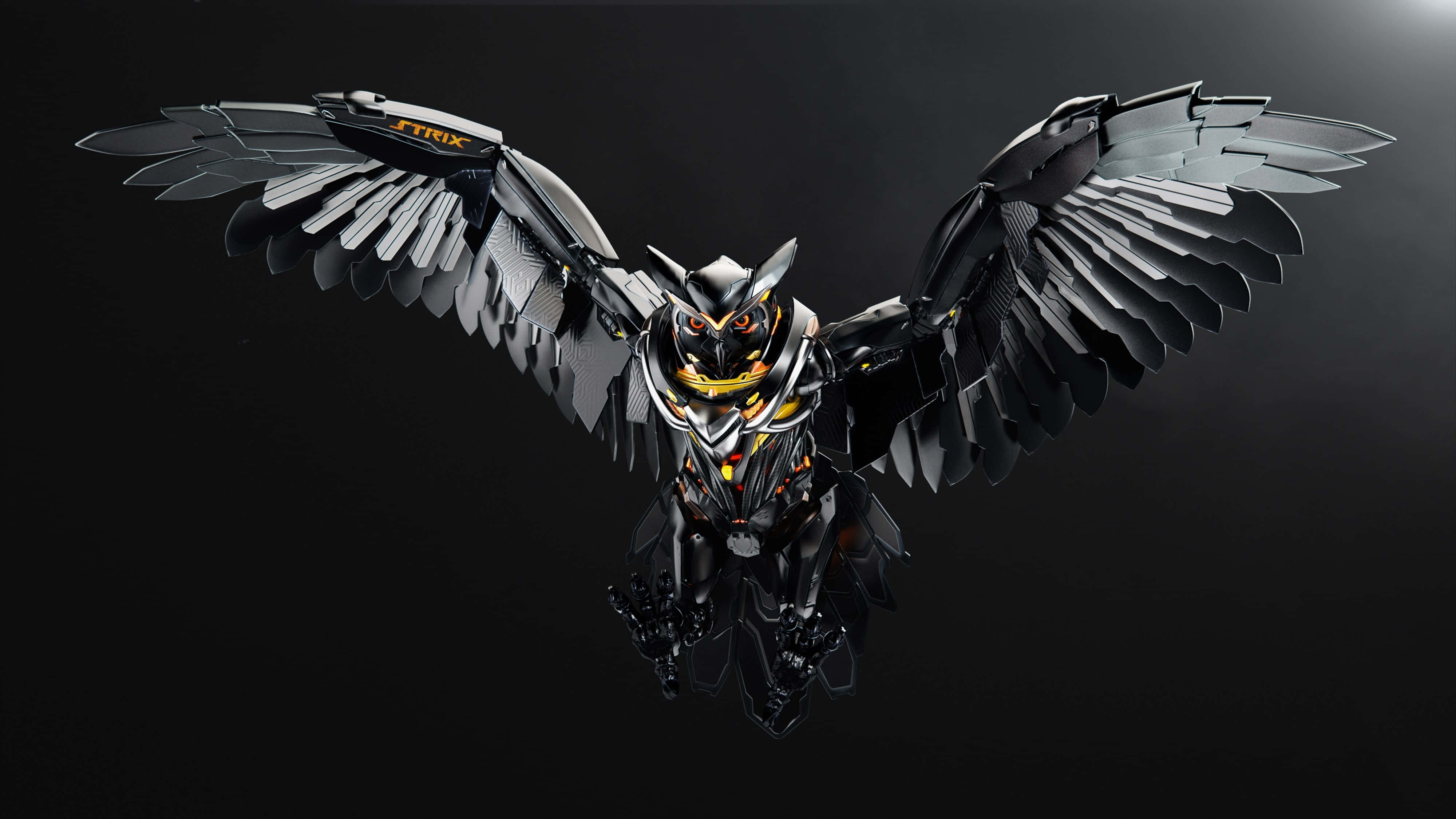 4K Resolution, sleek black and gold robotic owl, spread wings, 4K Desktop Wallpaper