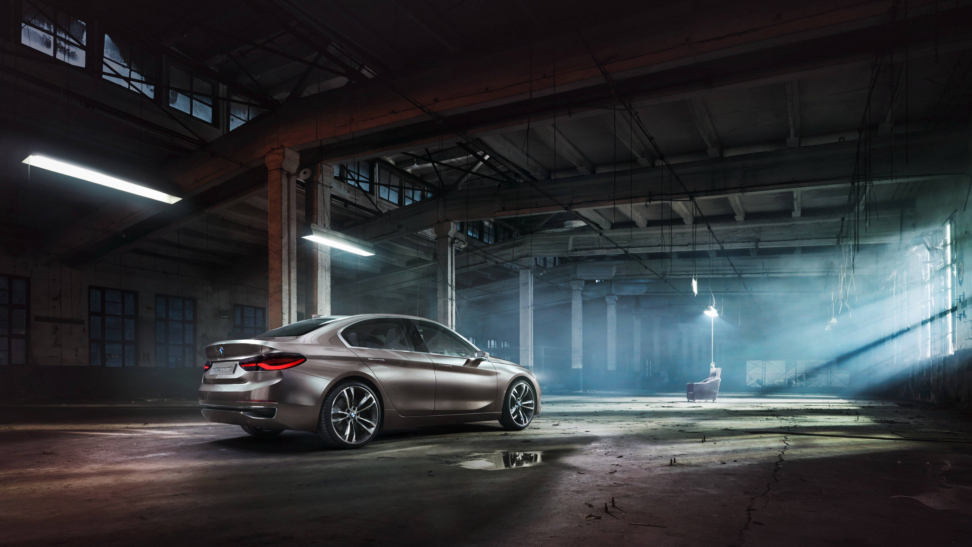 4K BMW, silver sedan, abandoned warehouse, 4K Desktop Wallpaper