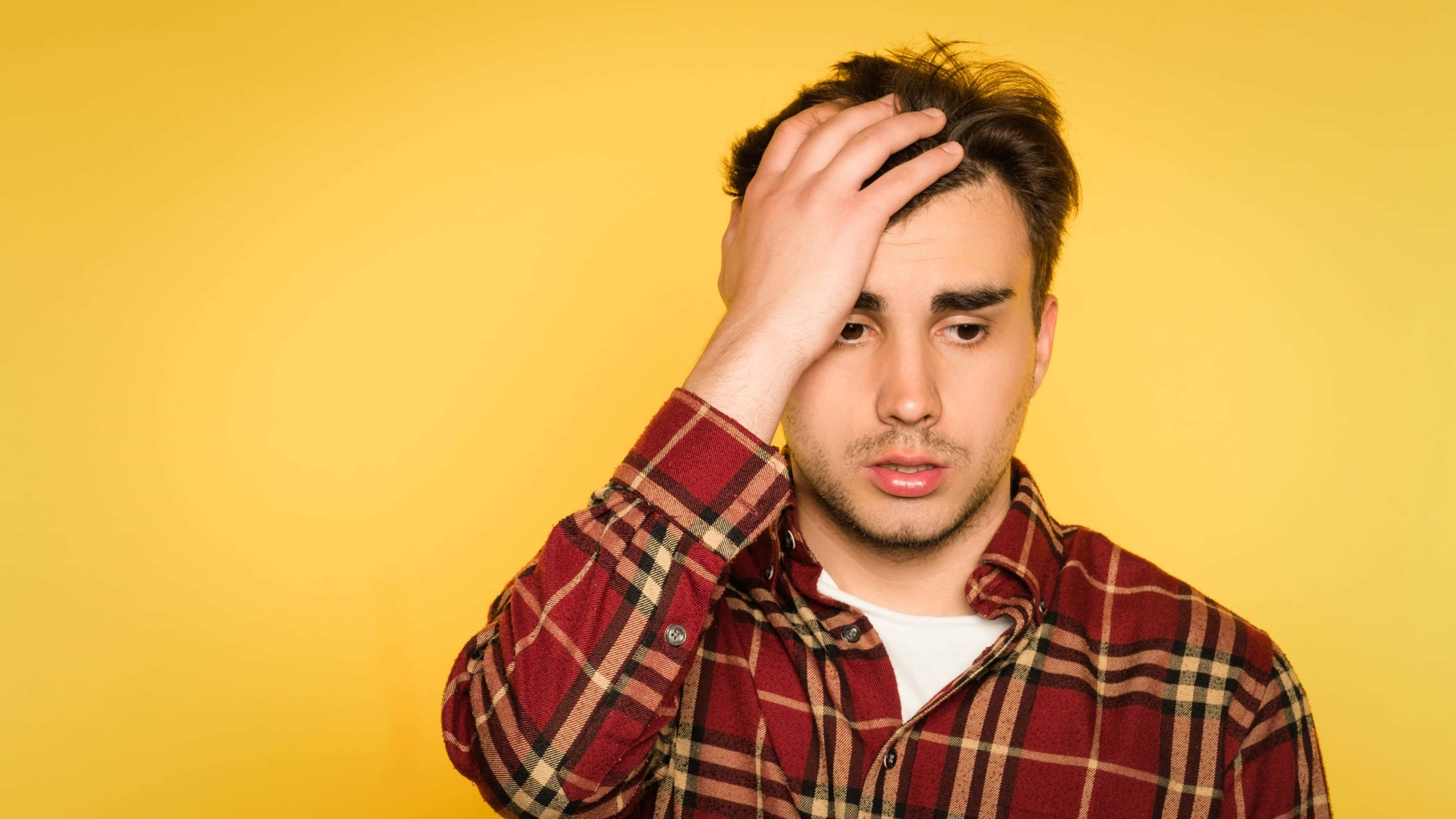 red plaid shirt, solid yellow background, young man, 4K Desktop Wallpaper