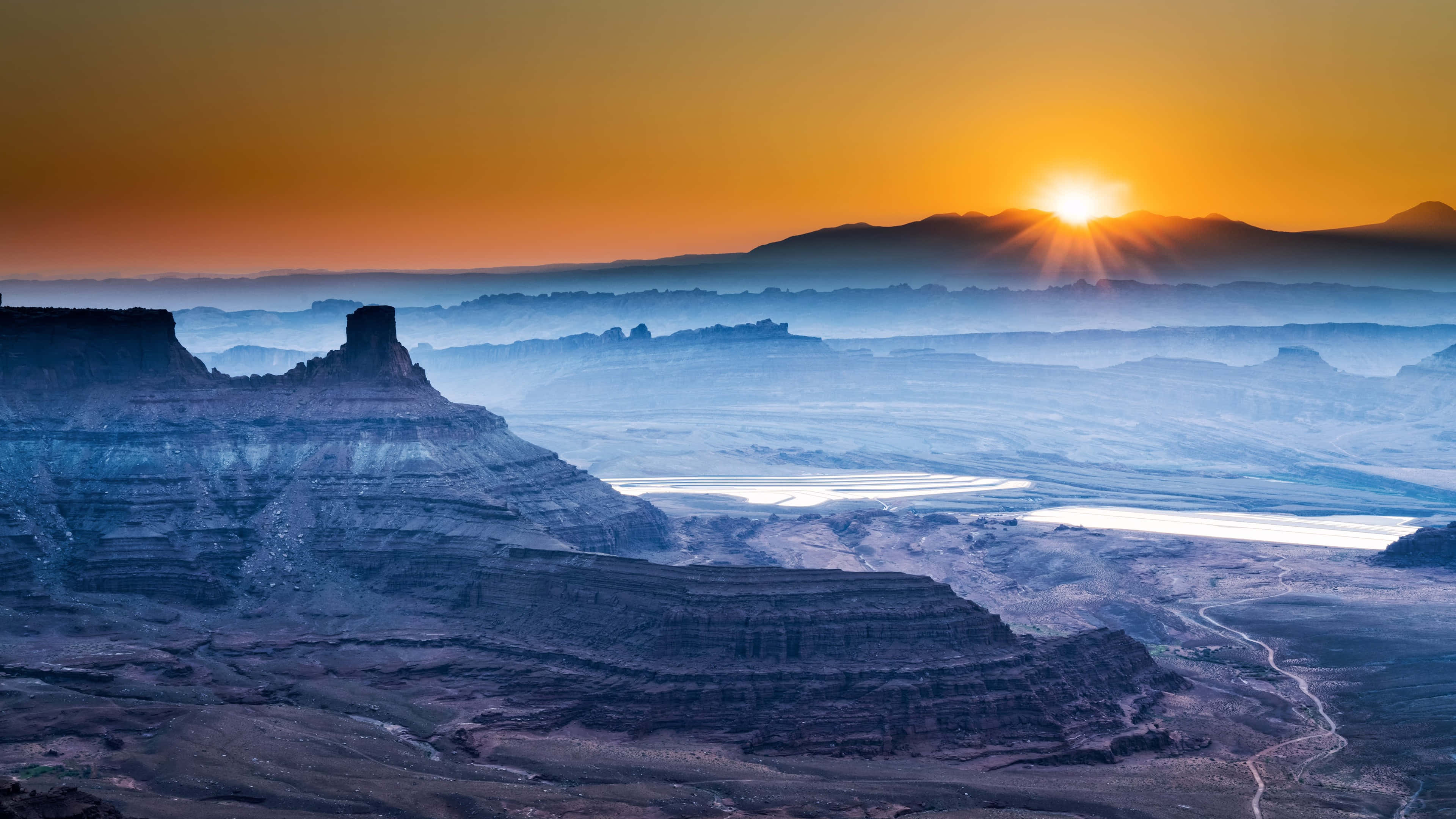 sunrise, misty canyon, golden light, 4K Desktop Wallpaper