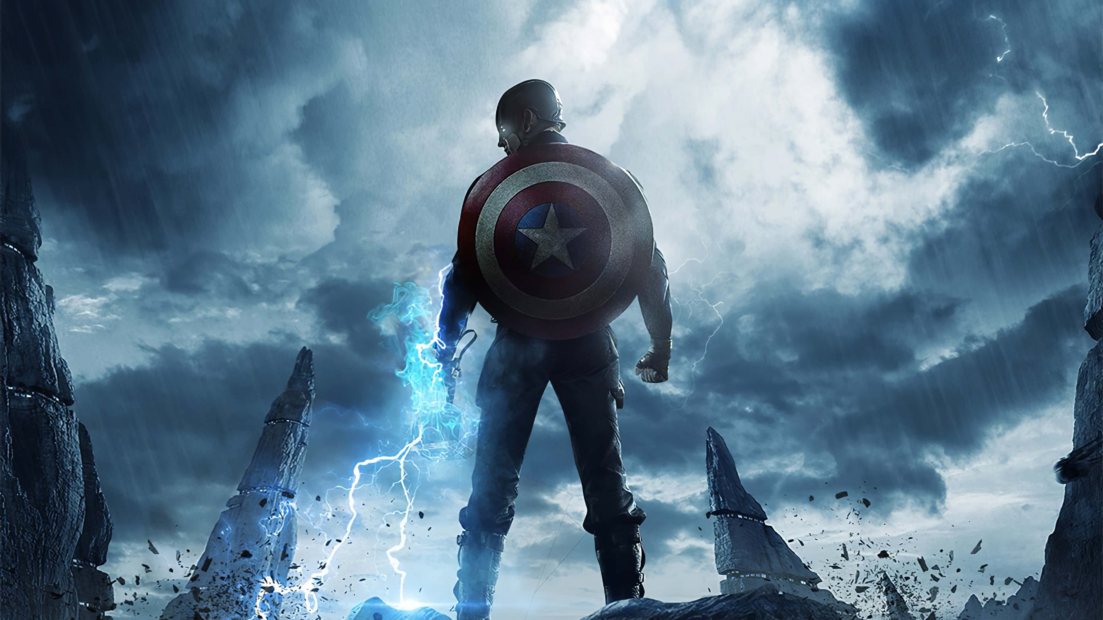 Captain America, stormy sky, lightning, 4K Desktop Wallpaper