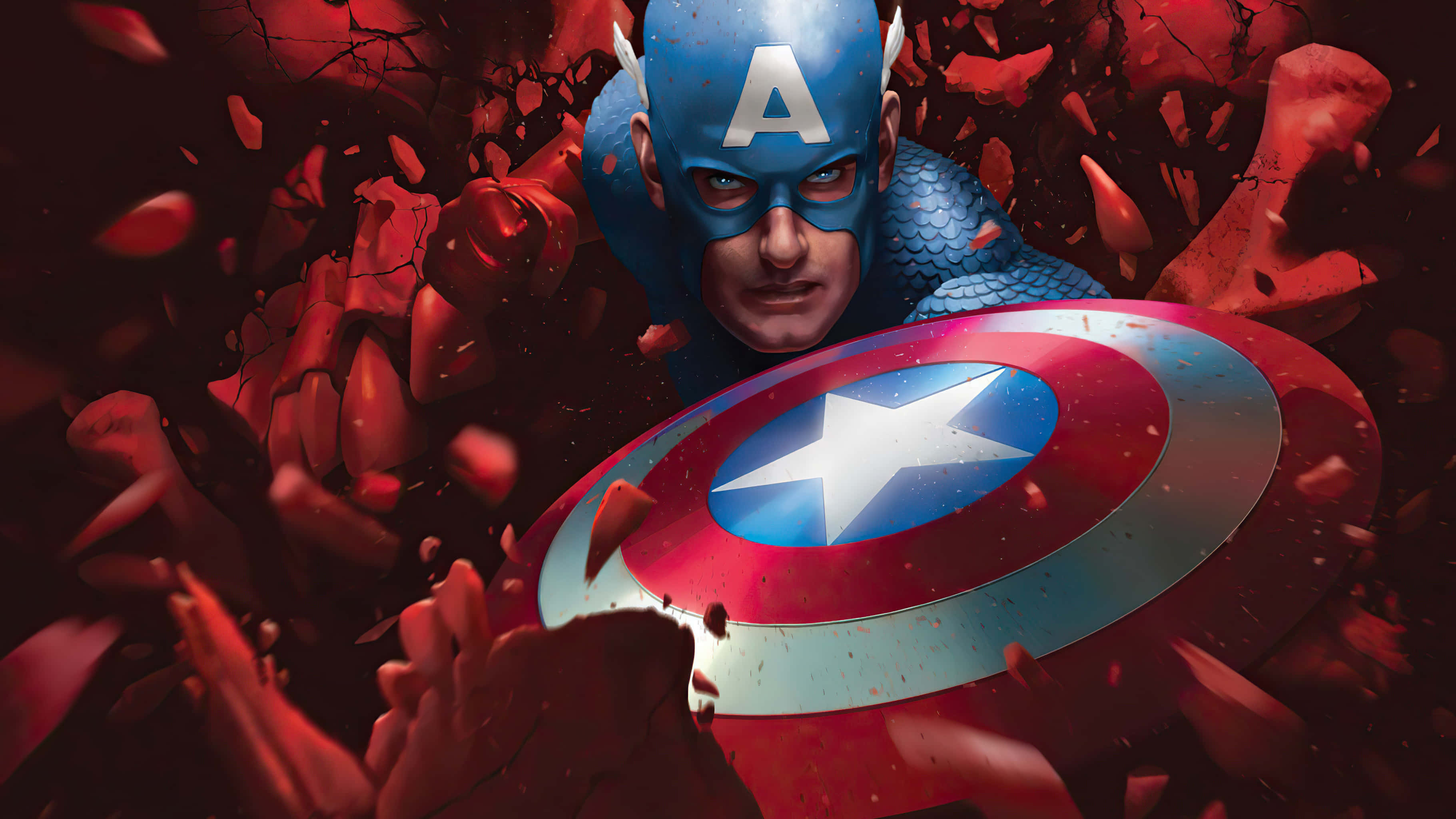 Captain America, iconic shield, red rubble, 2K Desktop Wallpaper