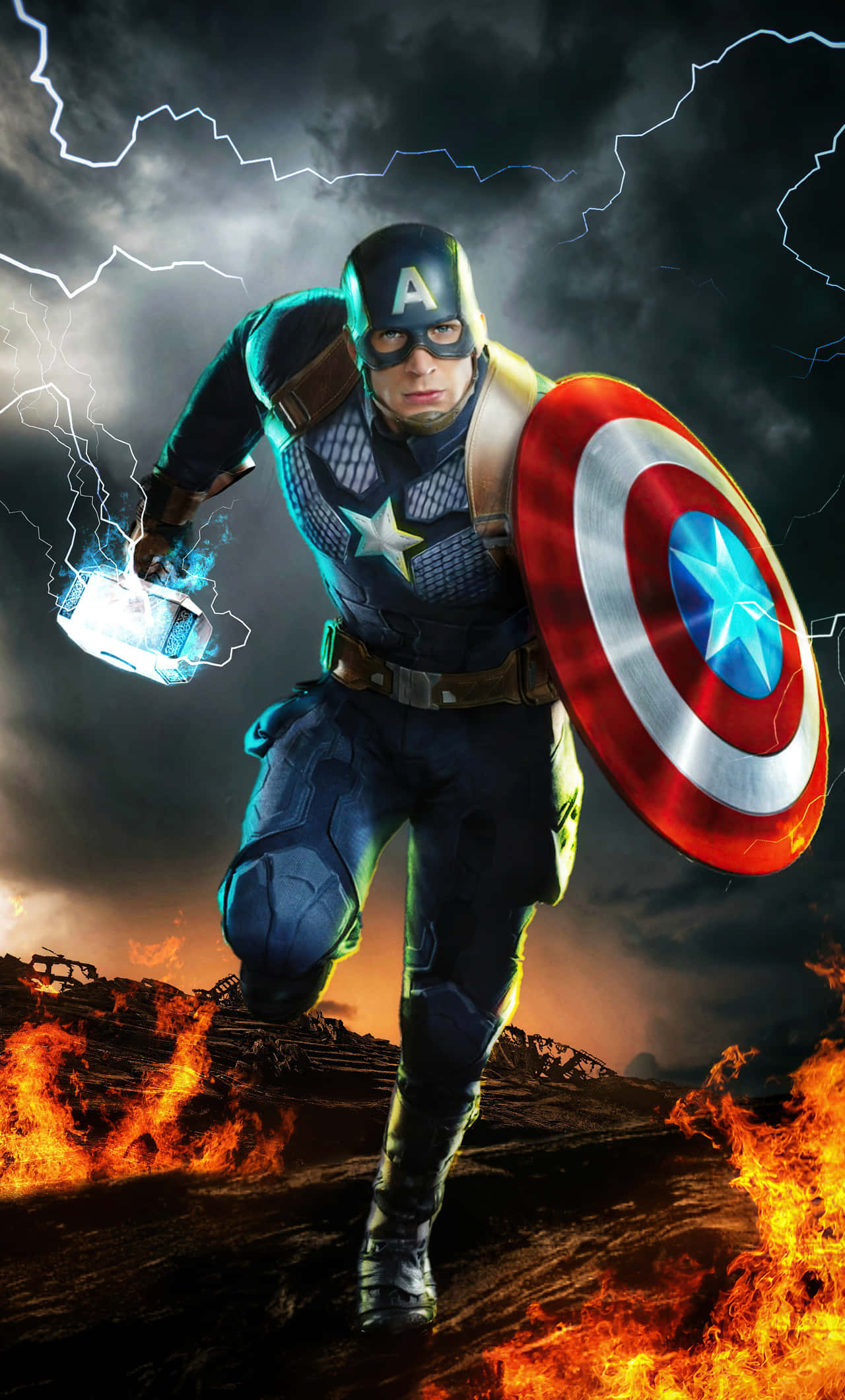 Captain America, fire, fiery ruins, Full HD Phone Wallpaper