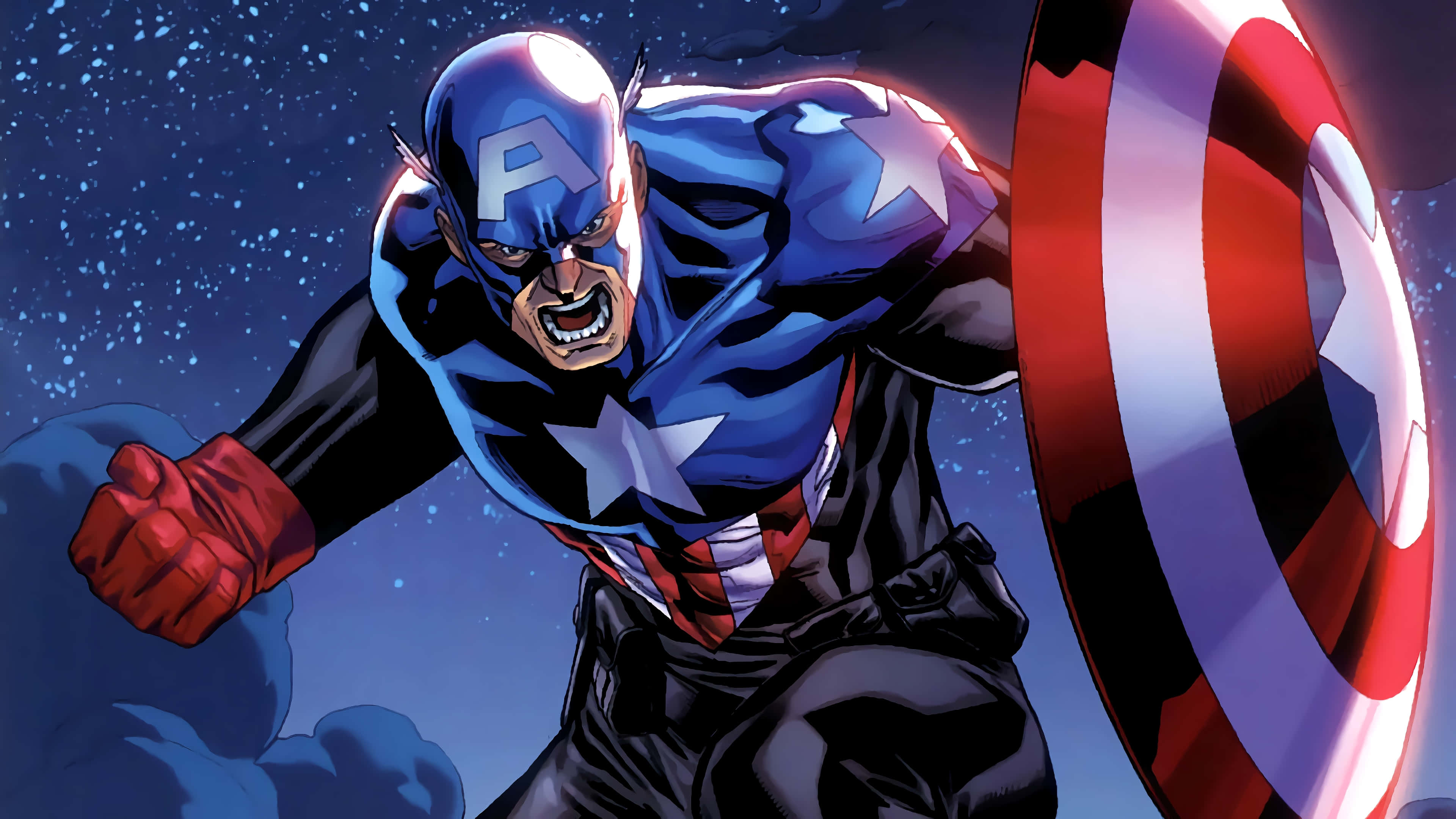 Captain America, iconic shield, starry night sky, 4K Desktop Wallpaper