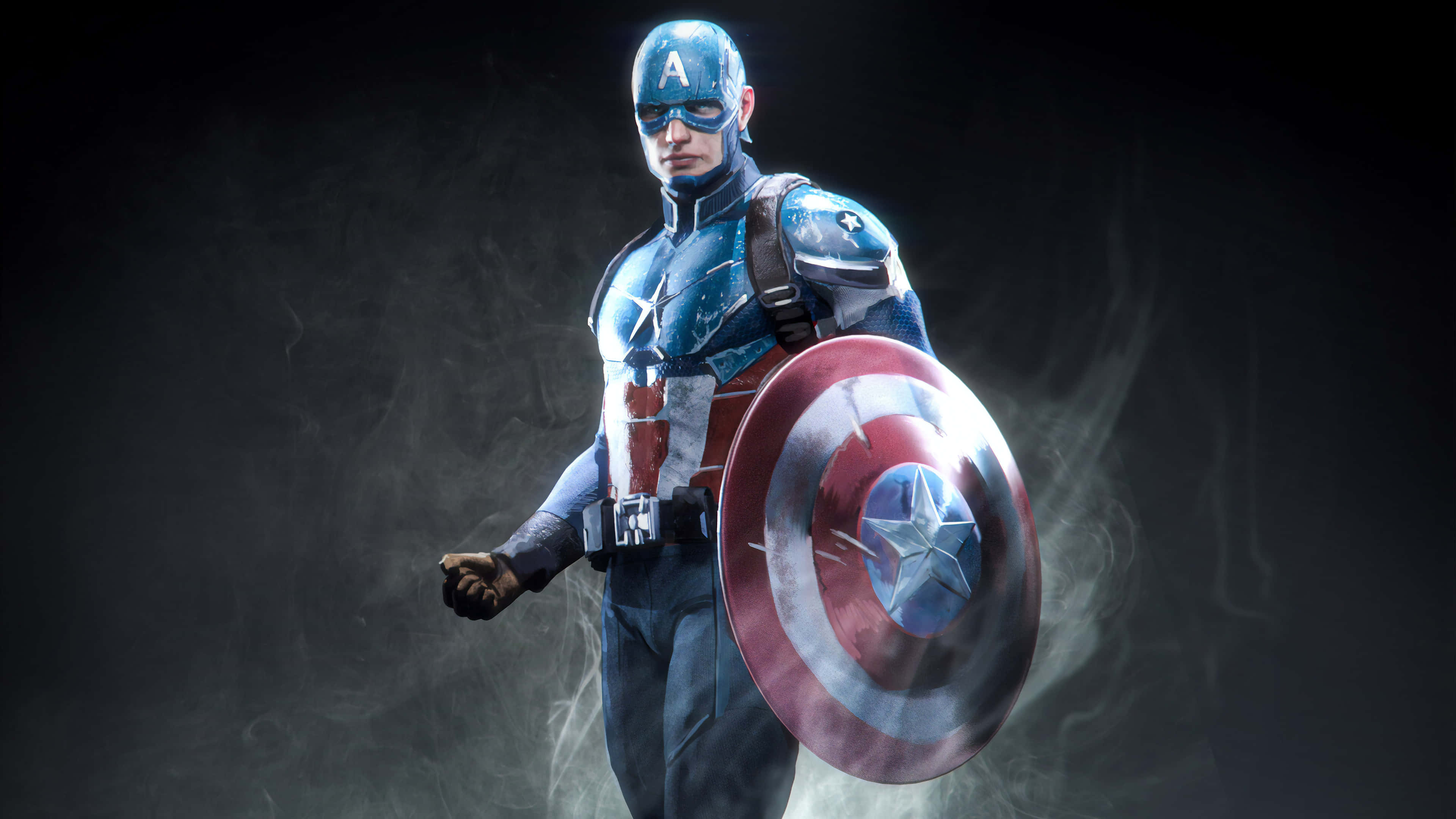 Captain America, red white and blue shield, smoky dark studio, 4K Desktop Wallpaper