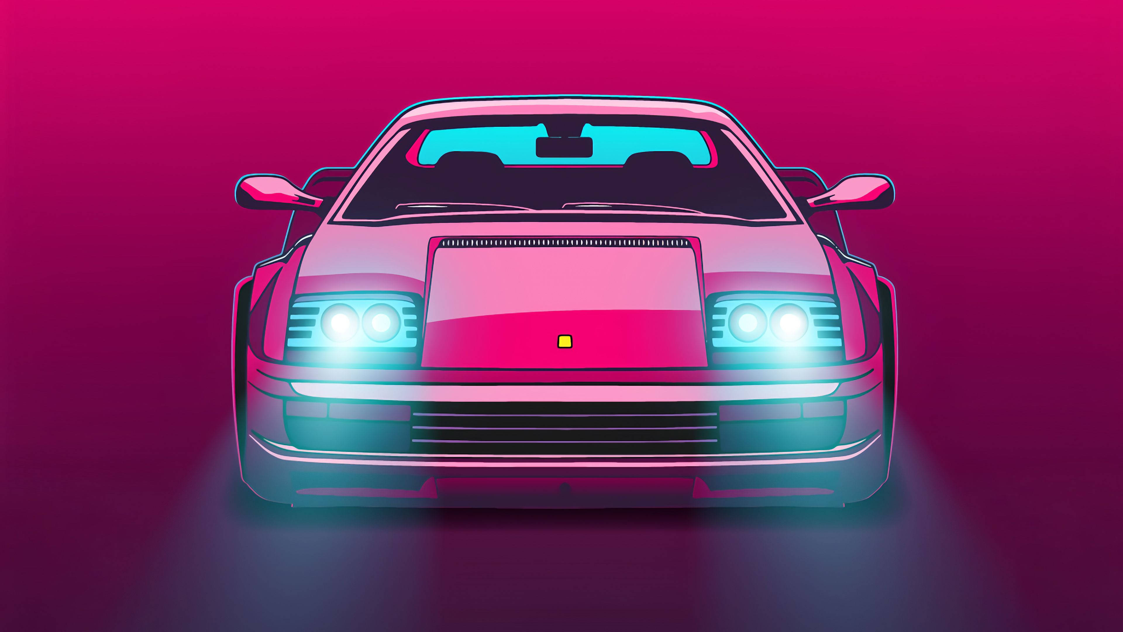 pink sports car, cyan headlights, gradient magenta background, 4K Desktop Wallpaper