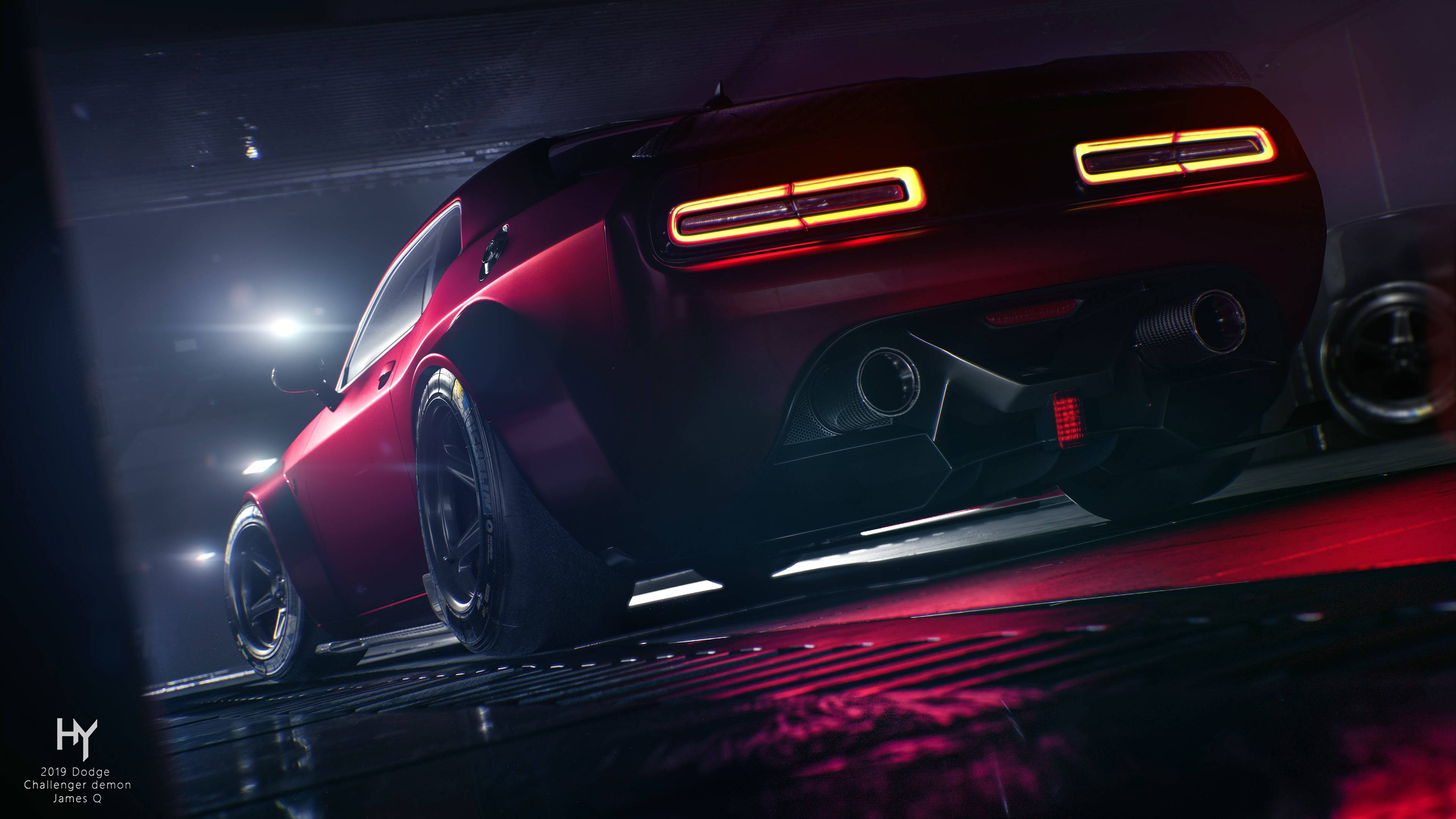 2019 Dodge Challenger Demon, glossy red, glowing taillights, 4K Desktop Wallpaper