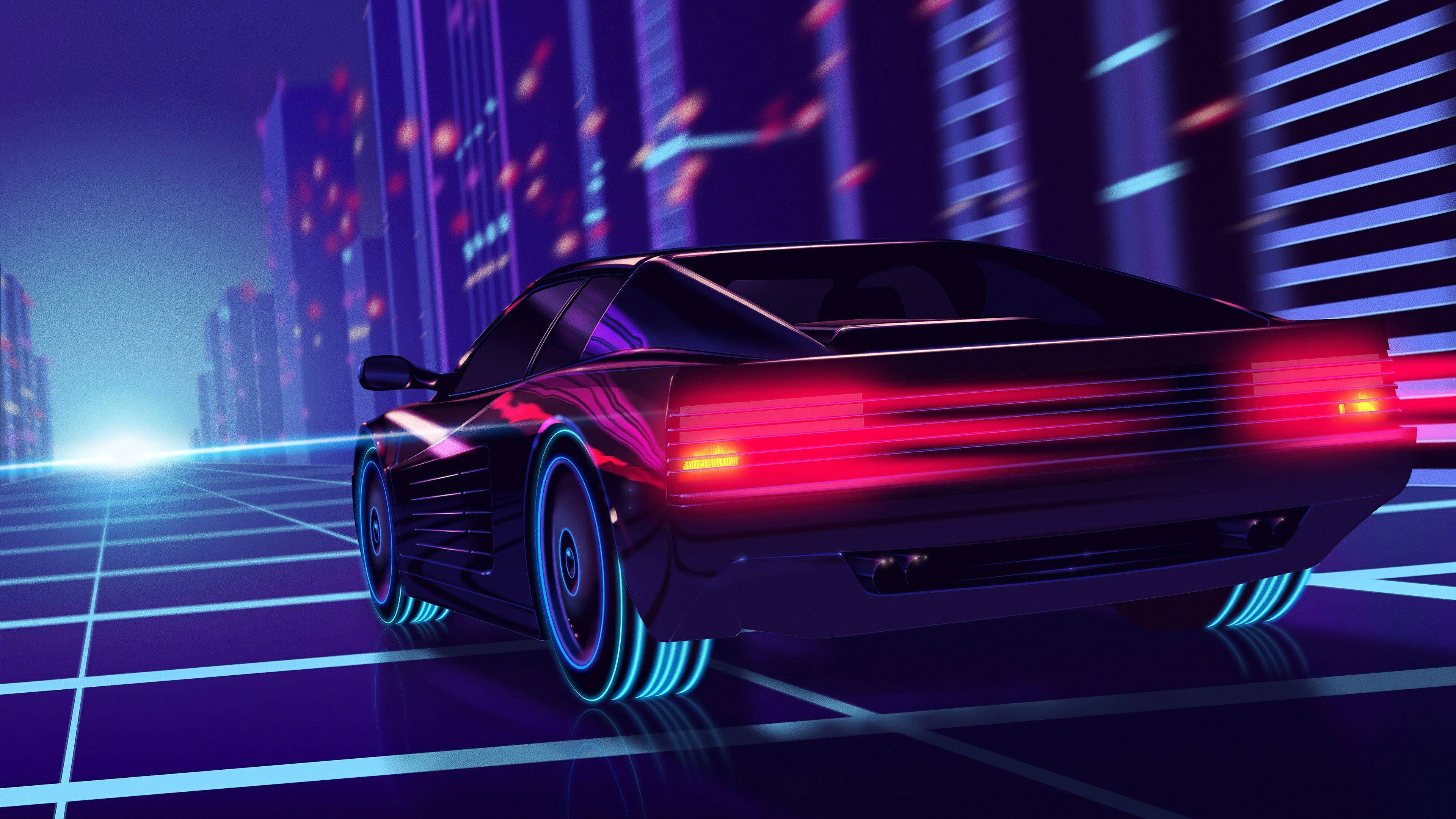 neon-drenched cyberpunk cityscape, night, sleek black sports car, 4K Desktop Wallpaper