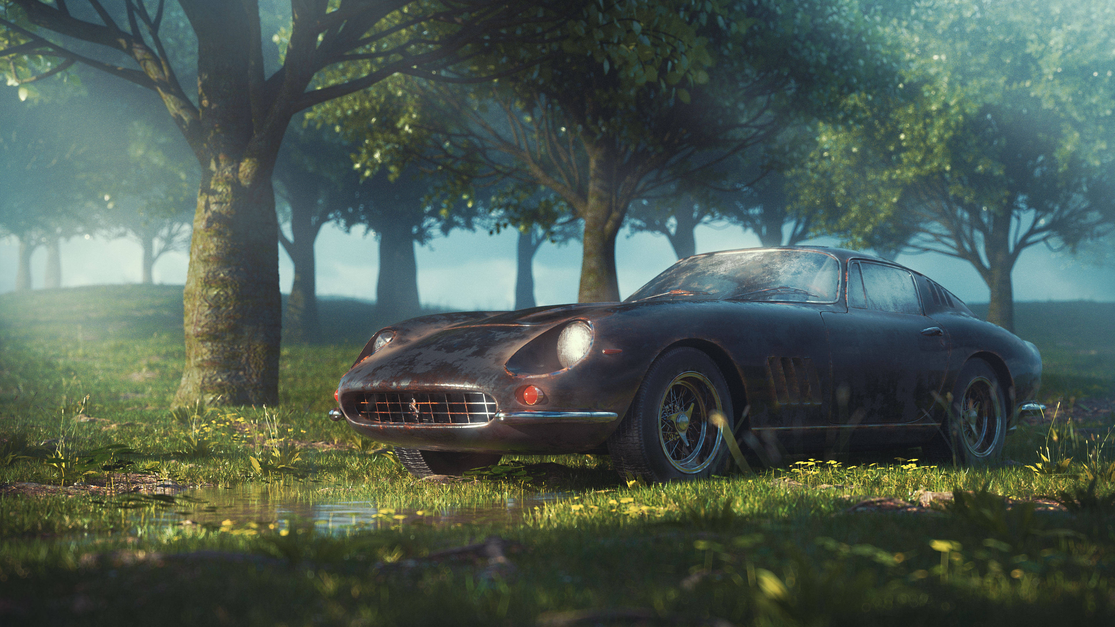 vintage Ferrari, sunlit forest clearing, dappled light, 4K Desktop Wallpaper