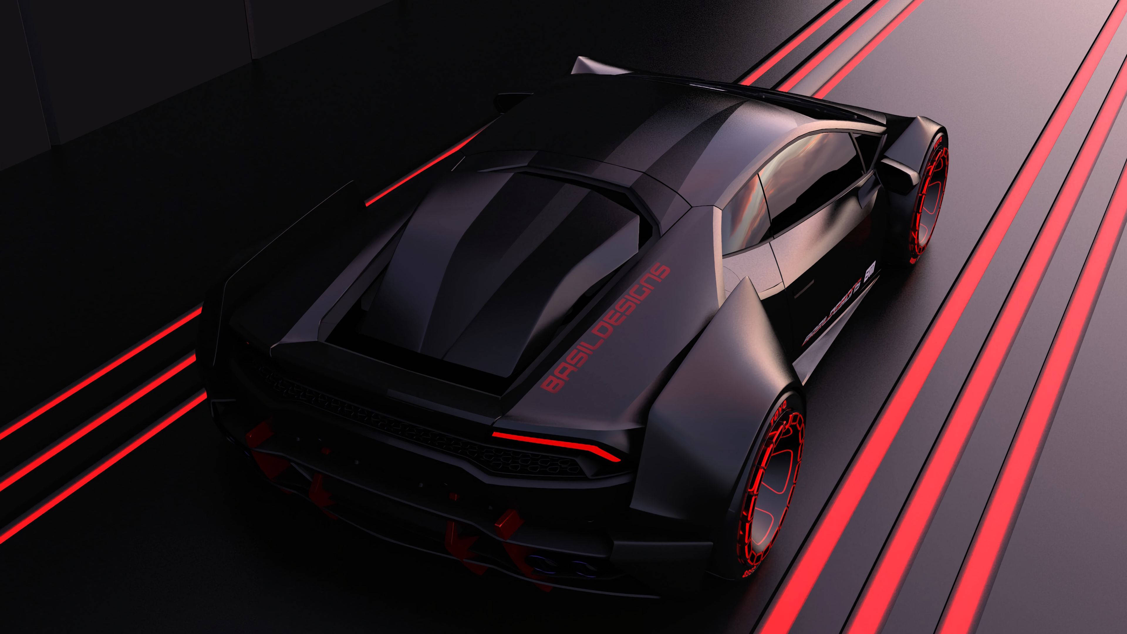 black sports car, red accents, futuristic track, 4K Desktop Wallpaper