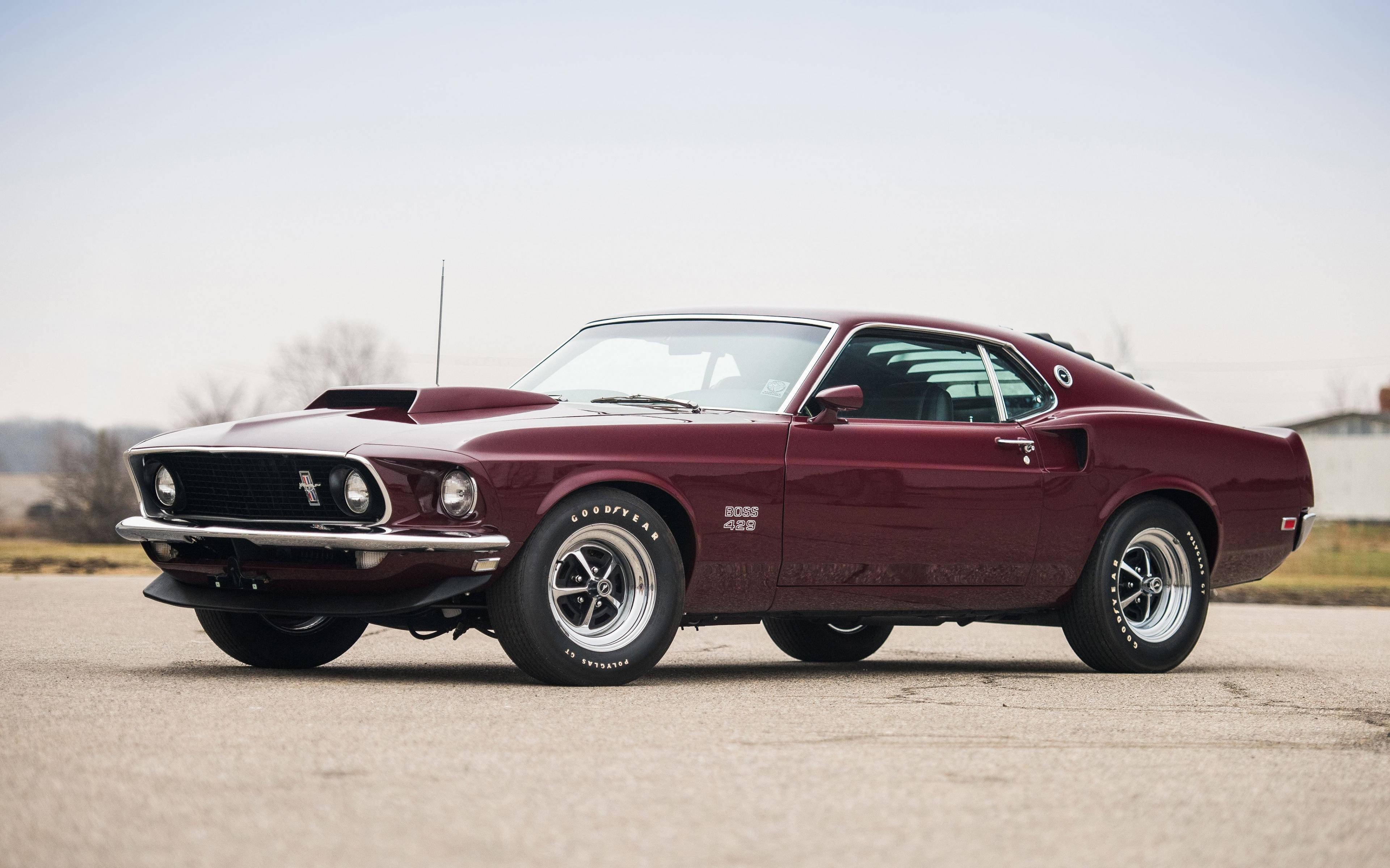 1969 Ford Mustang Boss 429, maroon, glossy, 4K Desktop Wallpaper