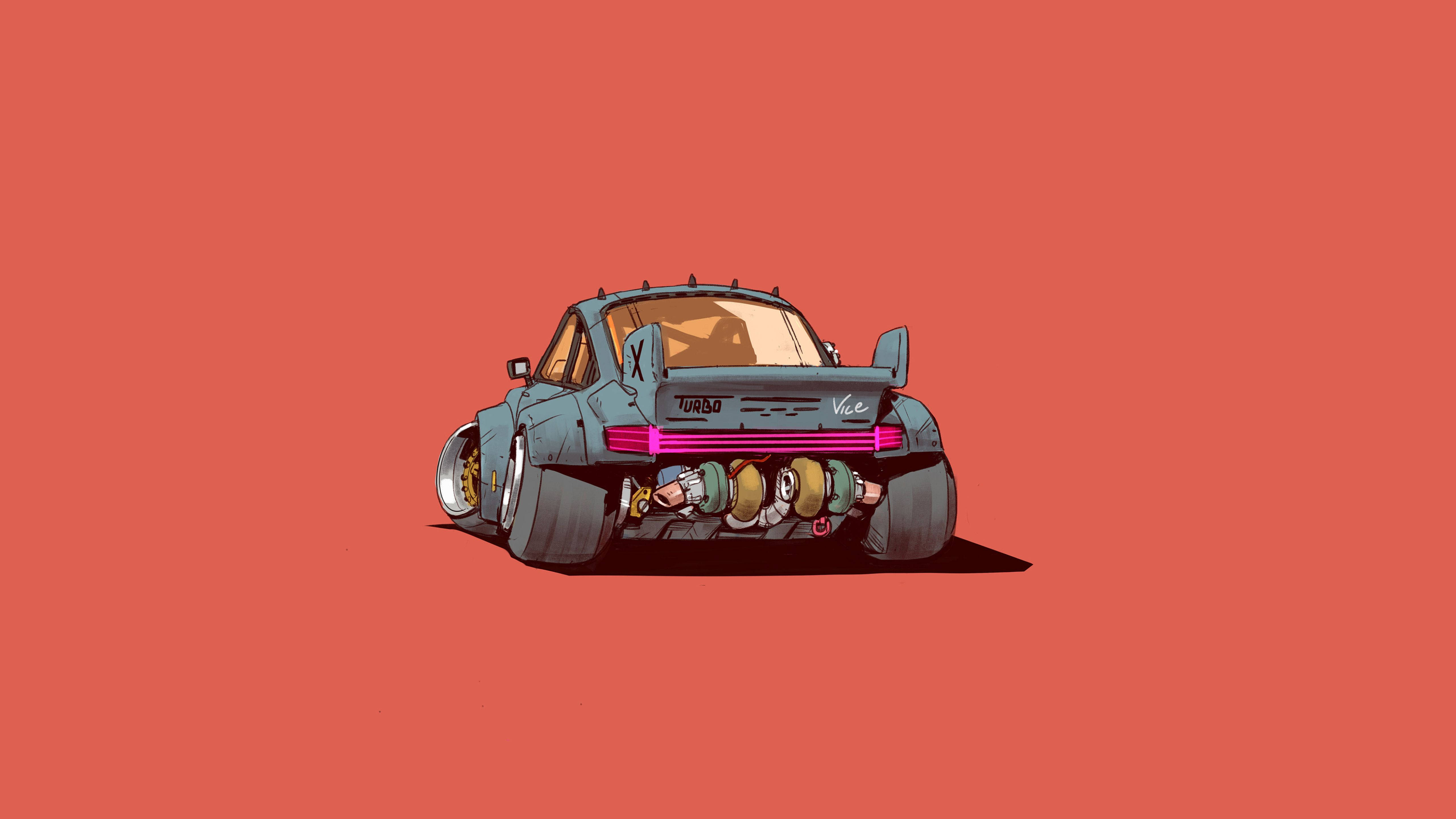 blue lowrider car, pink taillights, exposed exhaust pipes, 5K Desktop Wallpaper
