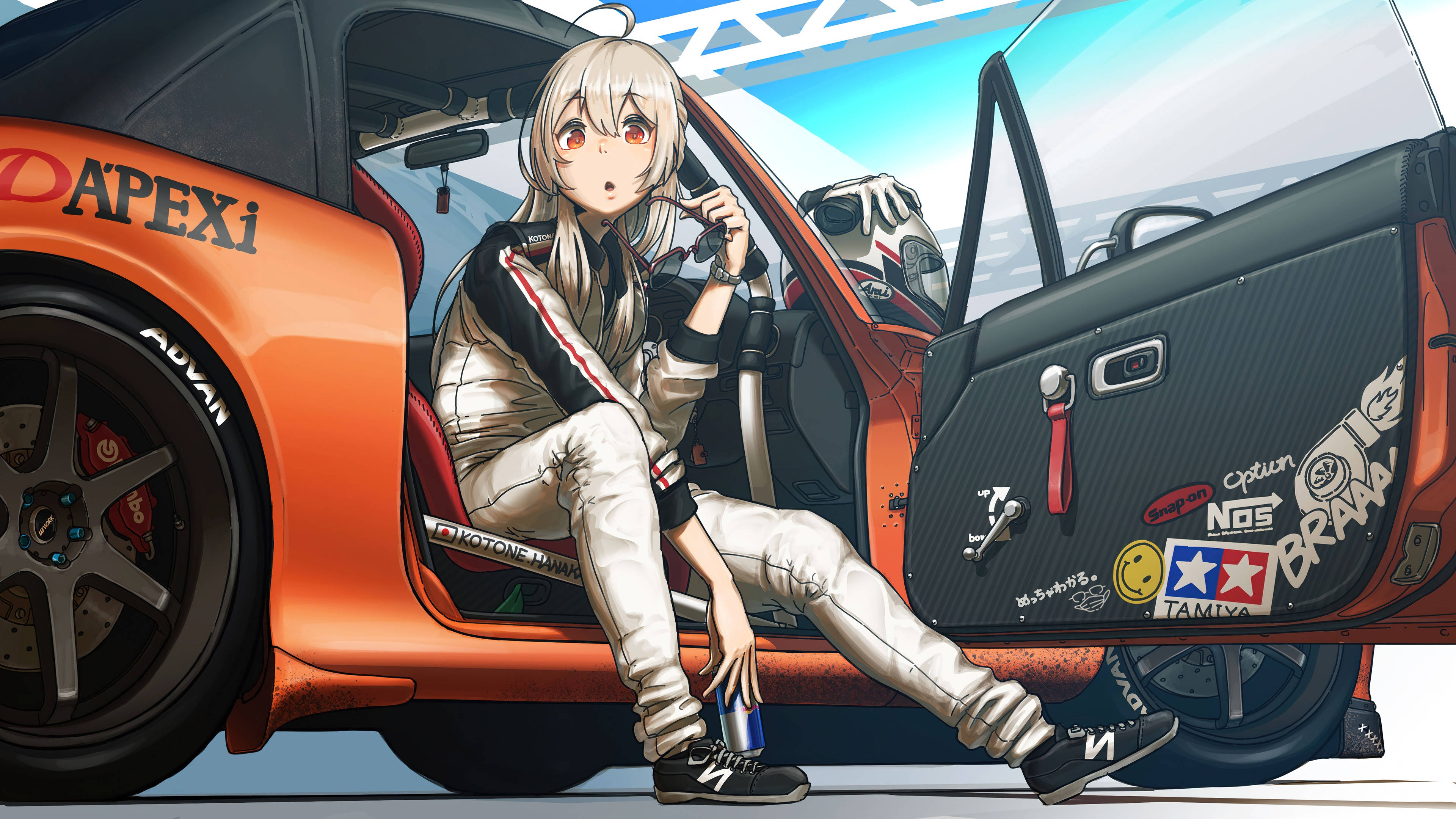 anime girl, racing gear, orange race car, 4K Desktop Wallpaper
