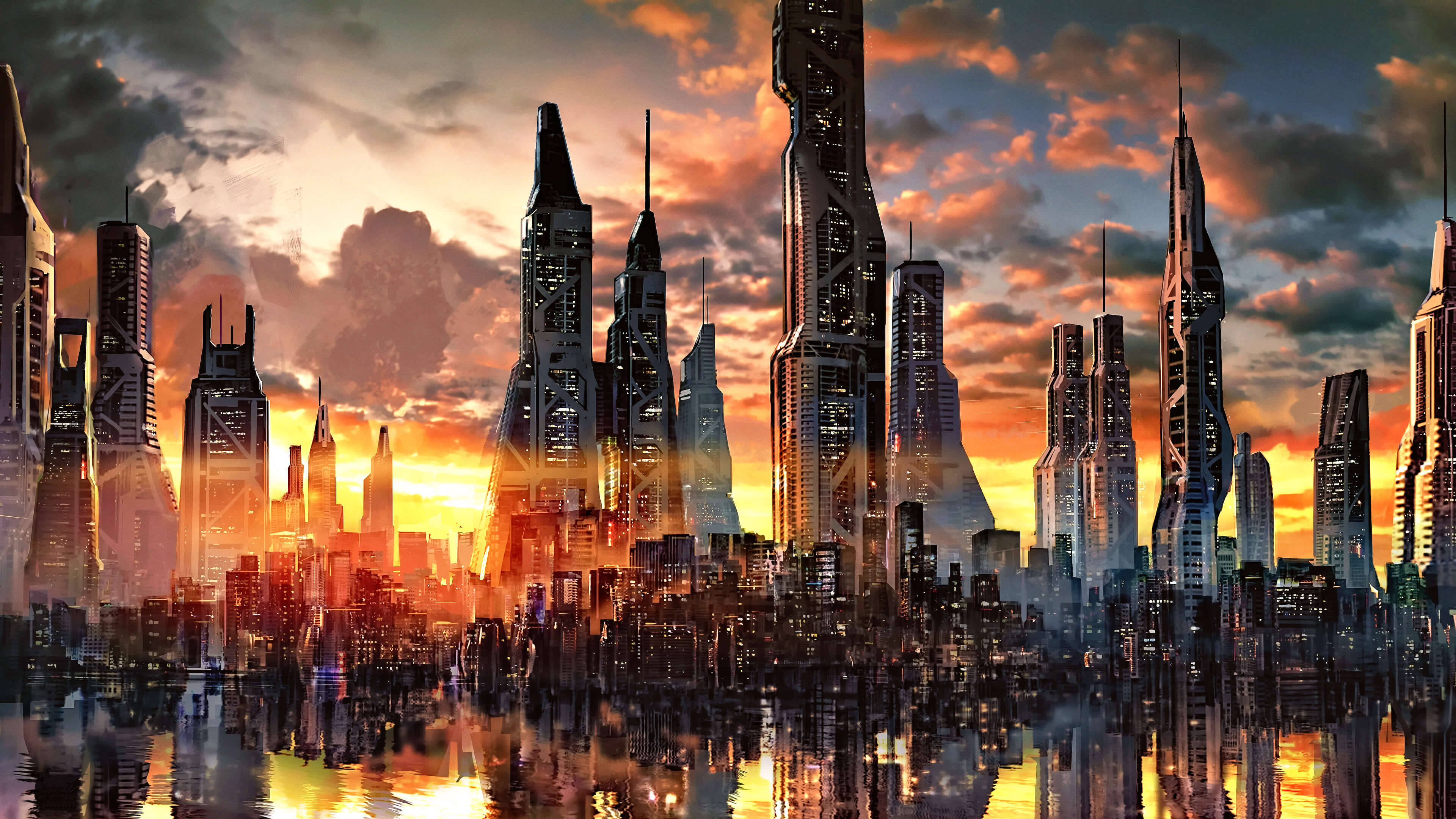 4K Ultra HD City Futuristic, futuristic city skyline, sunset, 4K Desktop Wallpaper