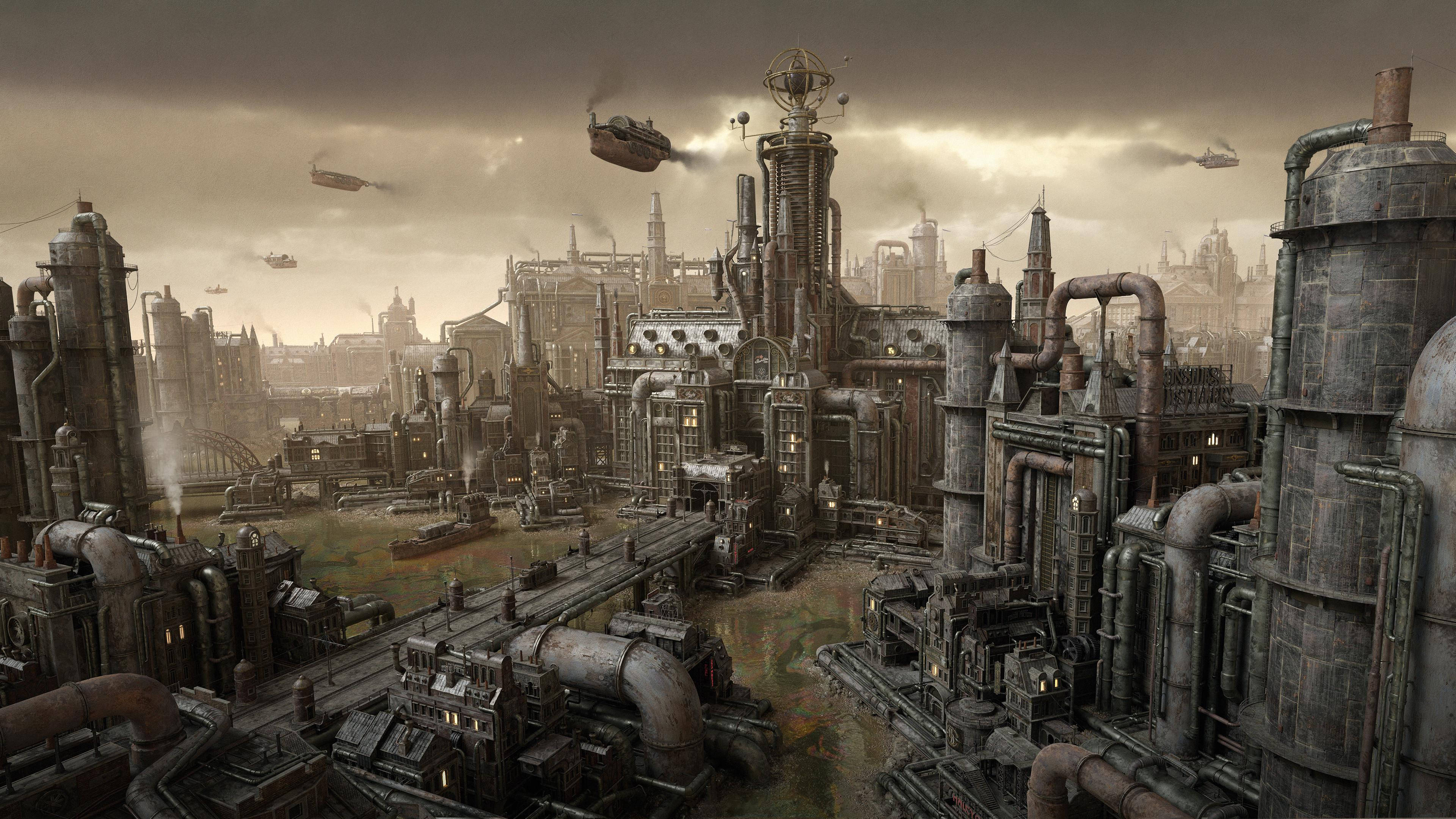 steampunk, industrial city, towering industrial pipes, 4K Desktop Wallpaper