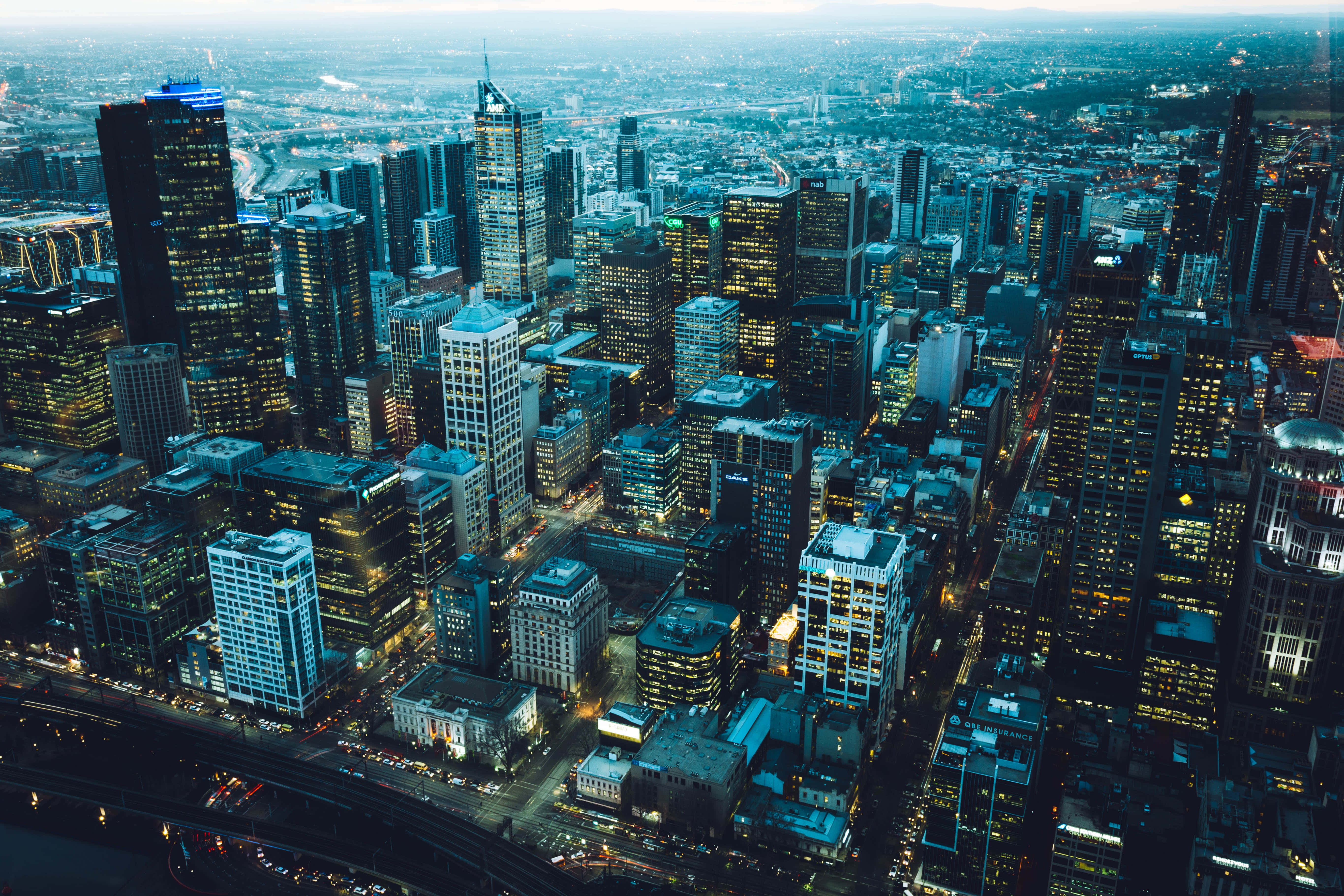 cityscape, skyscrapers, dusk, 5K Desktop Wallpaper