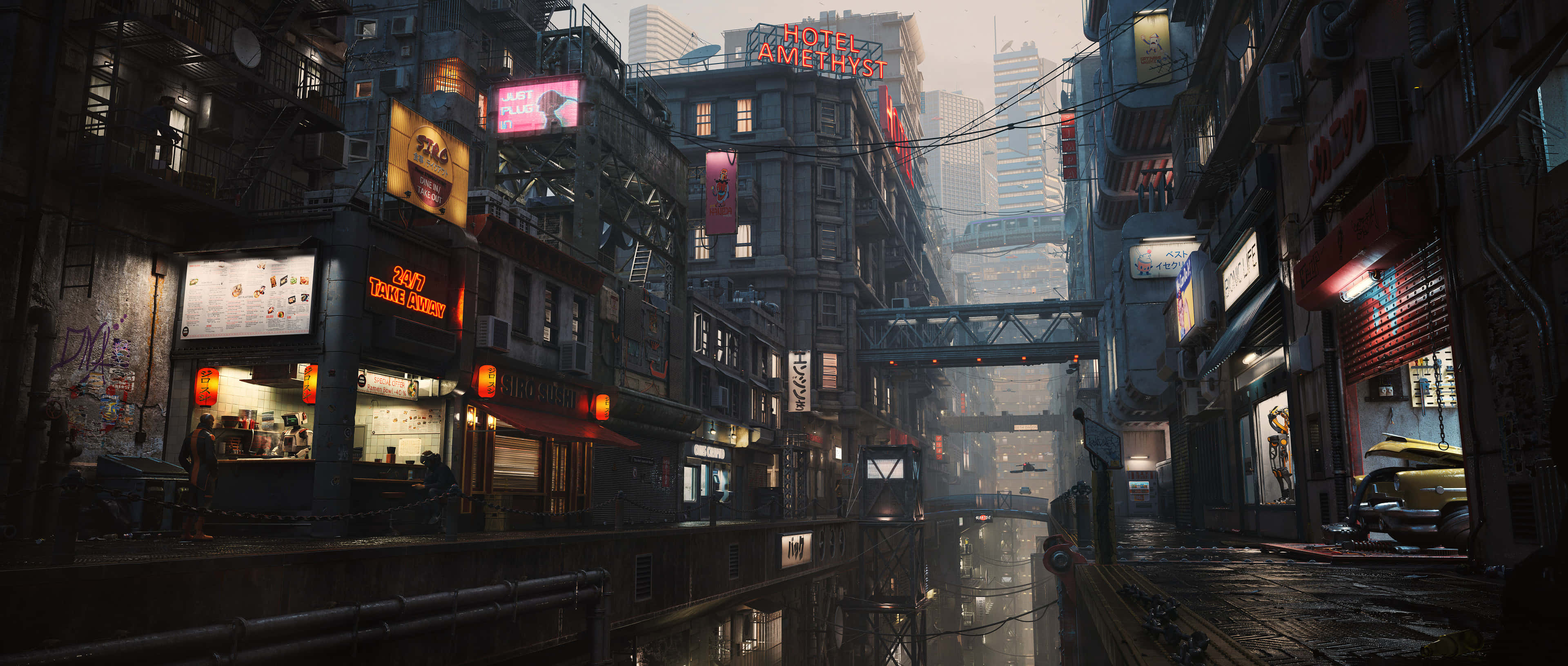 neon-lit alleyway, cyberpunk city, glowing signs, 4K Desktop Wallpaper