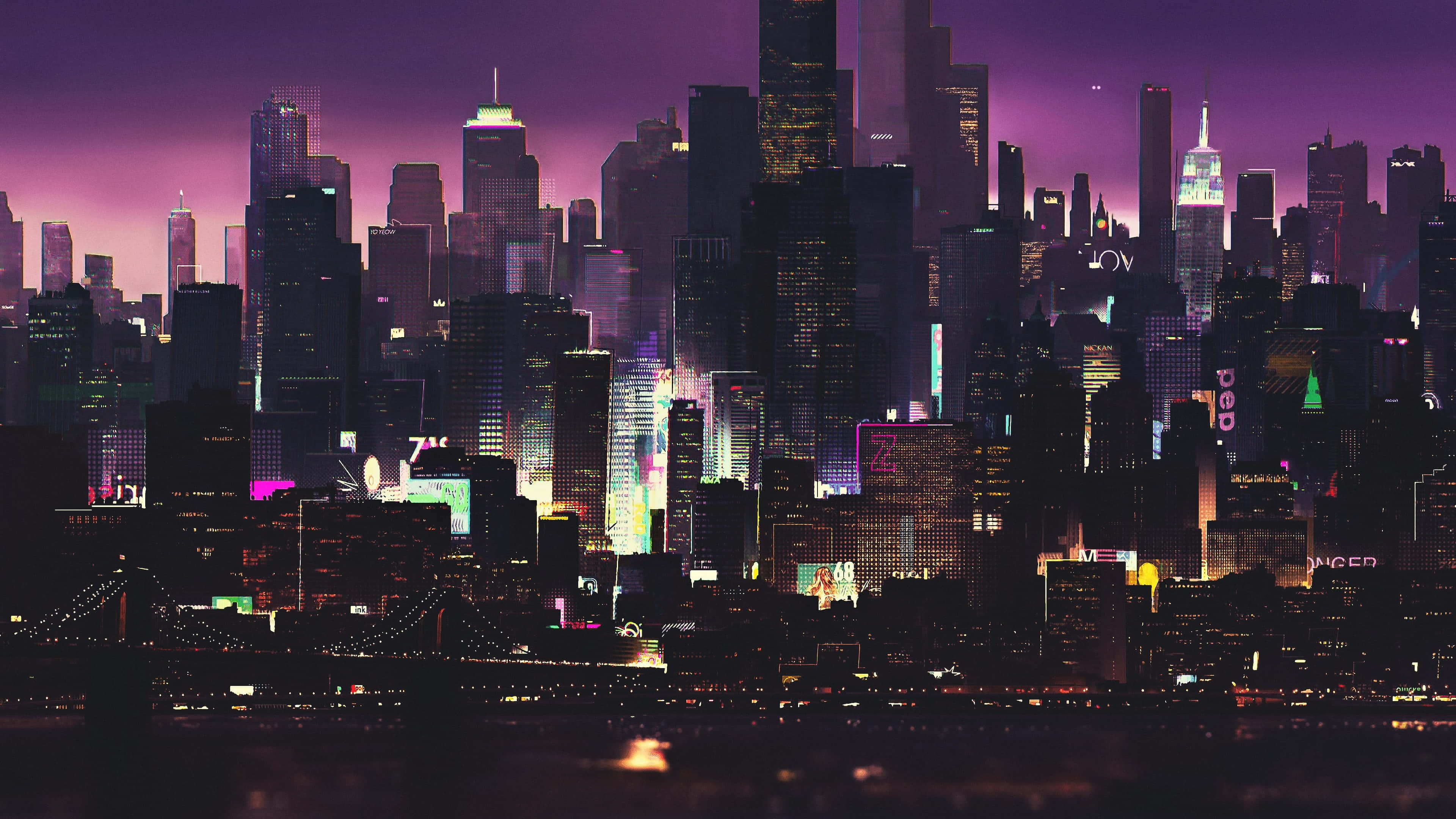 Dark City, neon-lit city skyline, twilight, 4K Desktop Wallpaper