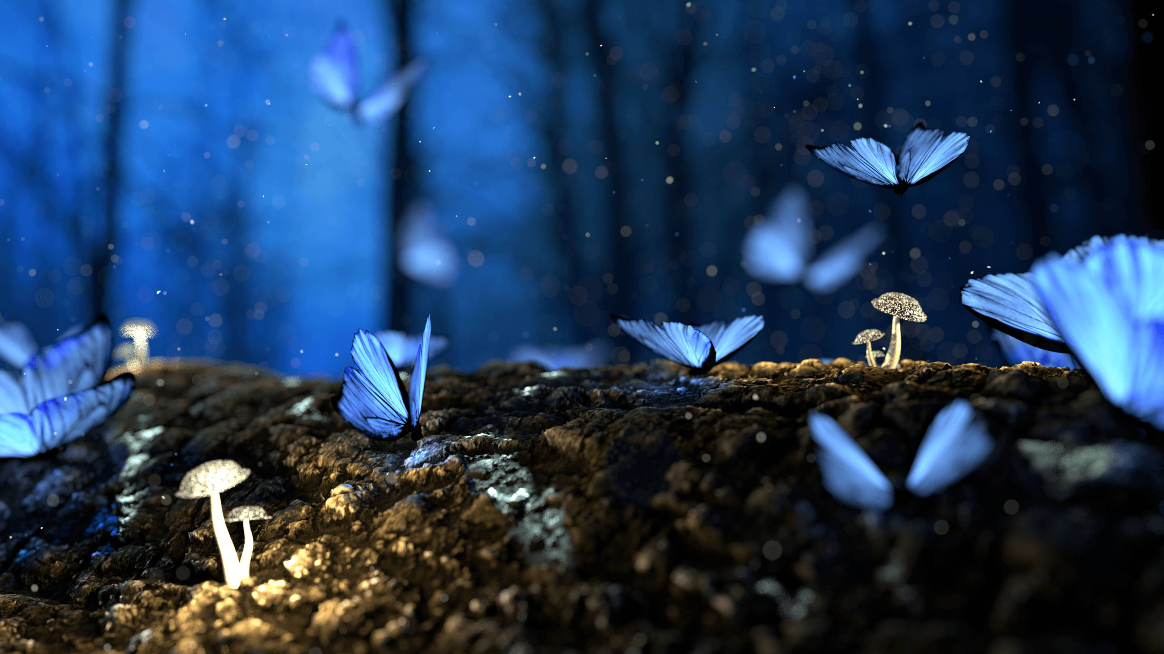 4K Computer, blue winged butterflies, mystical forest, 4K Desktop Wallpaper