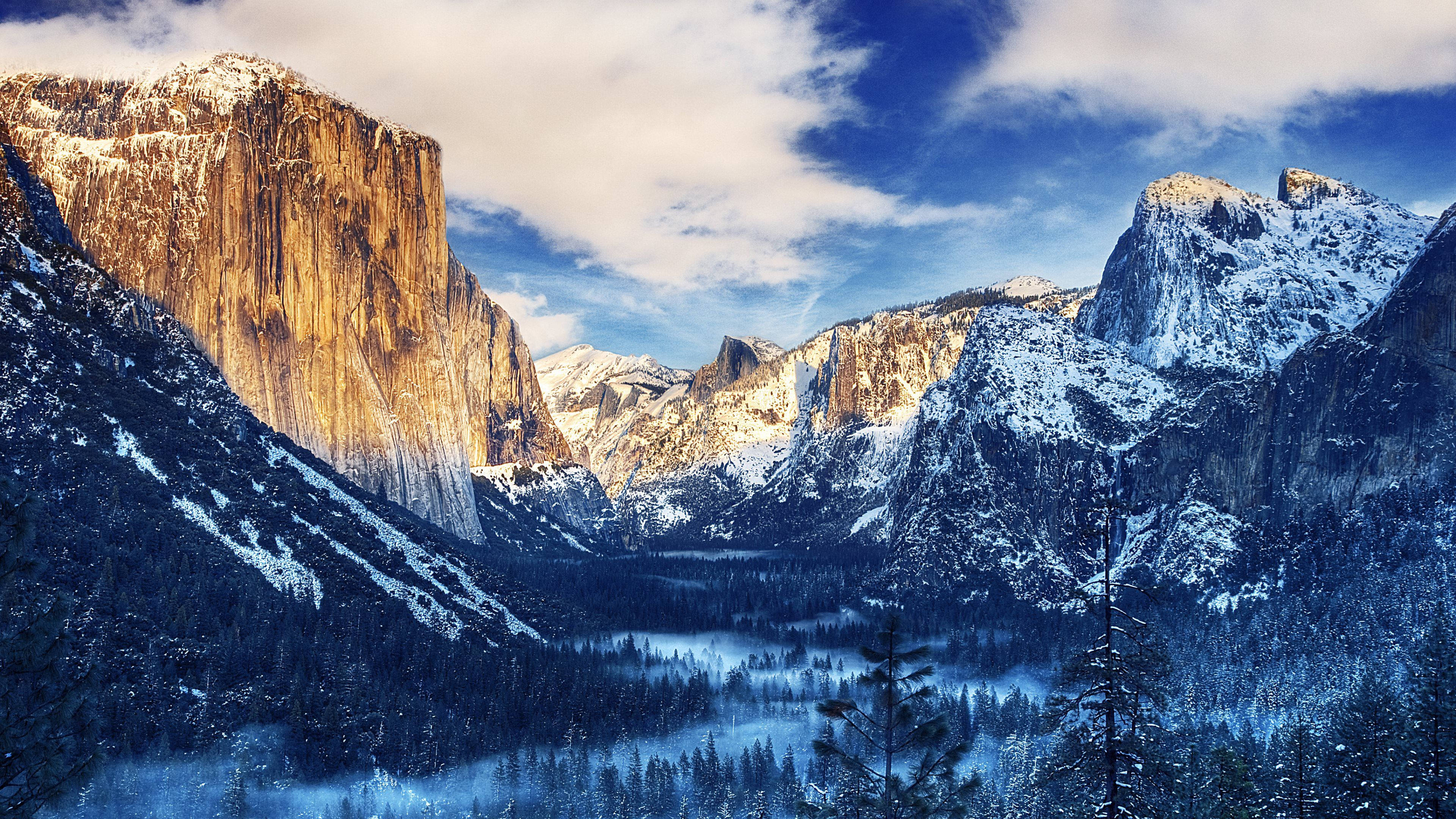 4K Computer, snowcapped granite cliffs, misty valley, 4K Desktop Wallpaper
