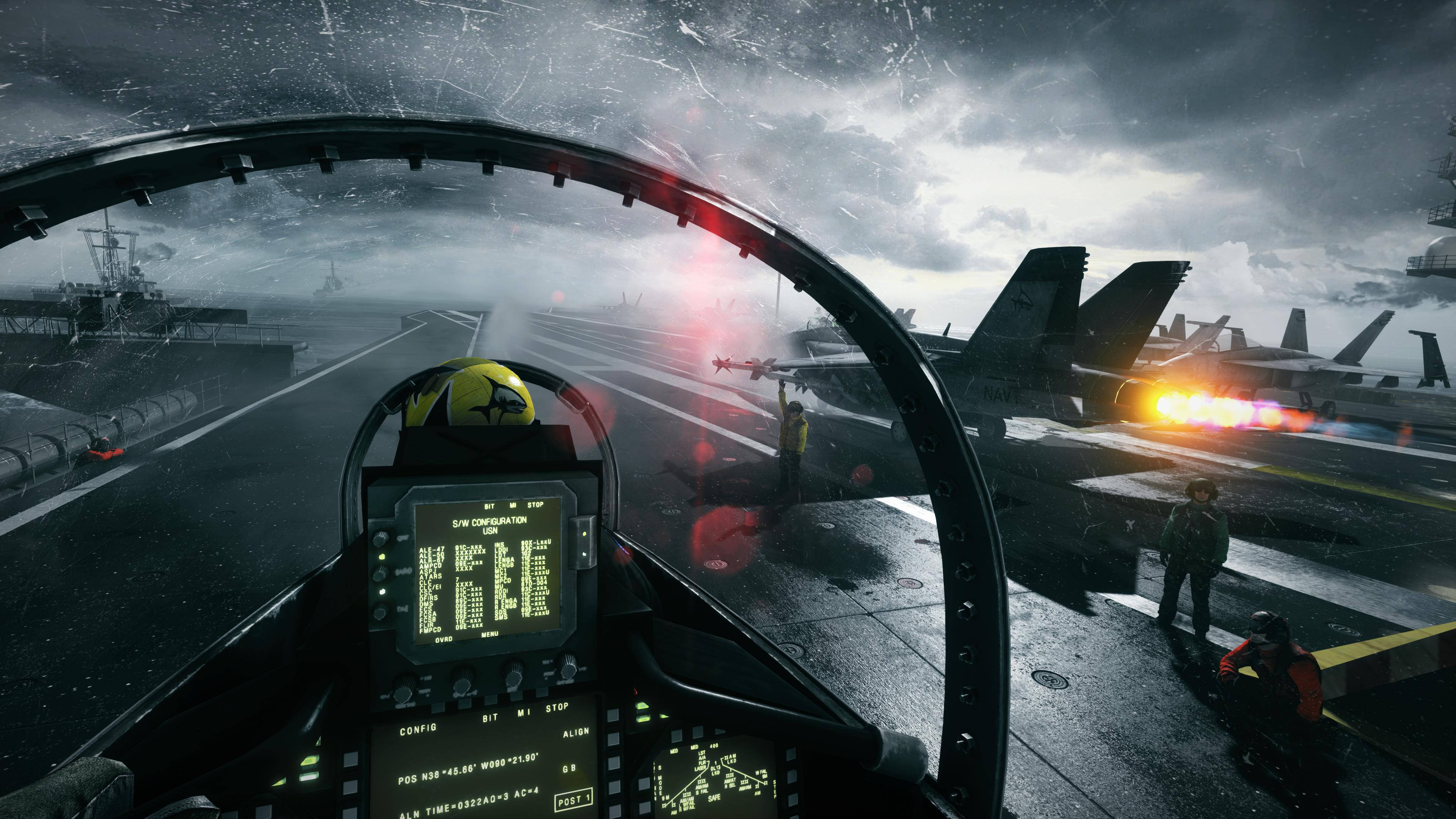 4K Computer, jet fighter cockpit, stormy aircraft carrier deck, 4K Desktop Wallpaper