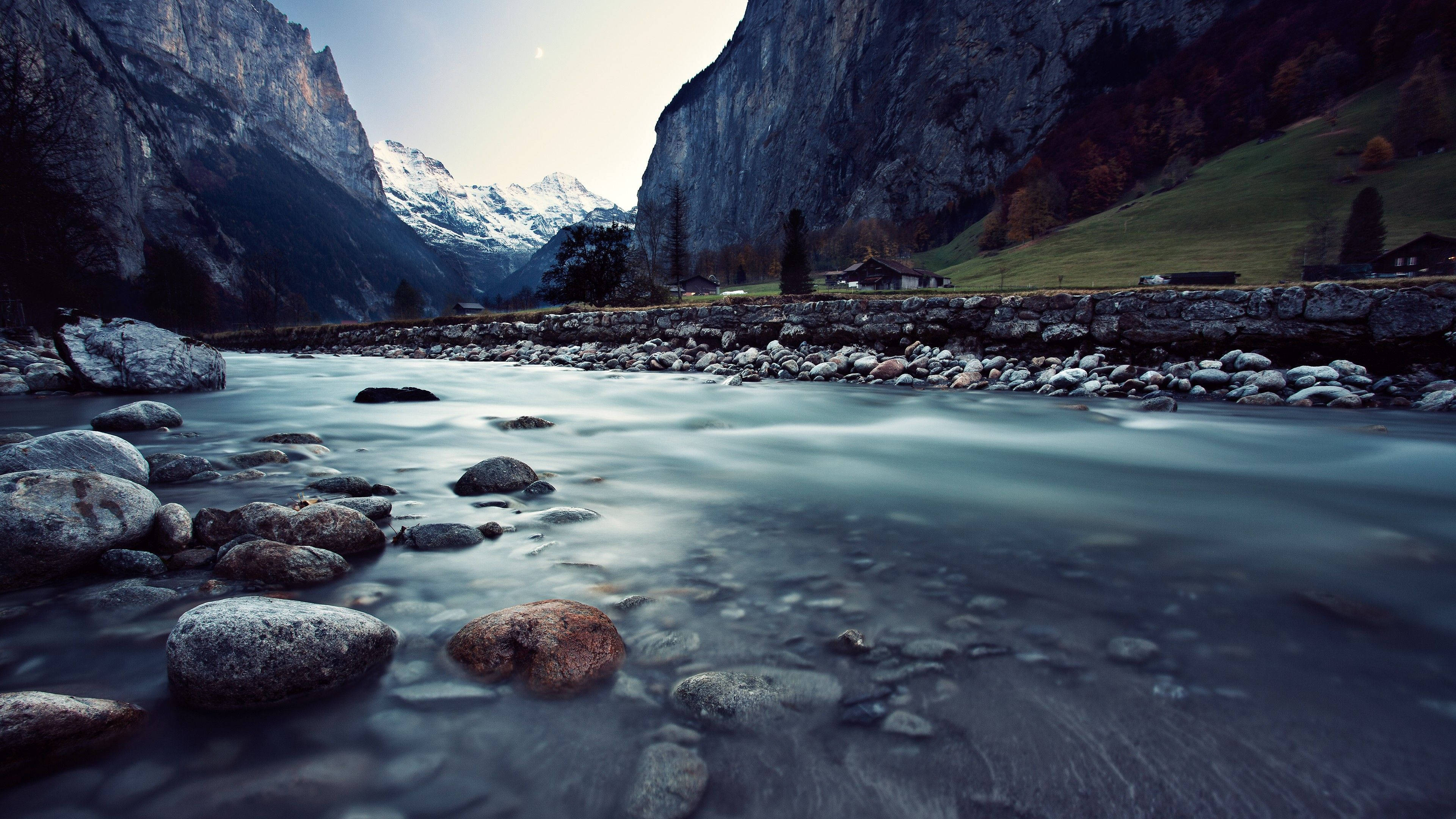 4K Computer, shallow river, snow-capped peaks, 4K Desktop Wallpaper