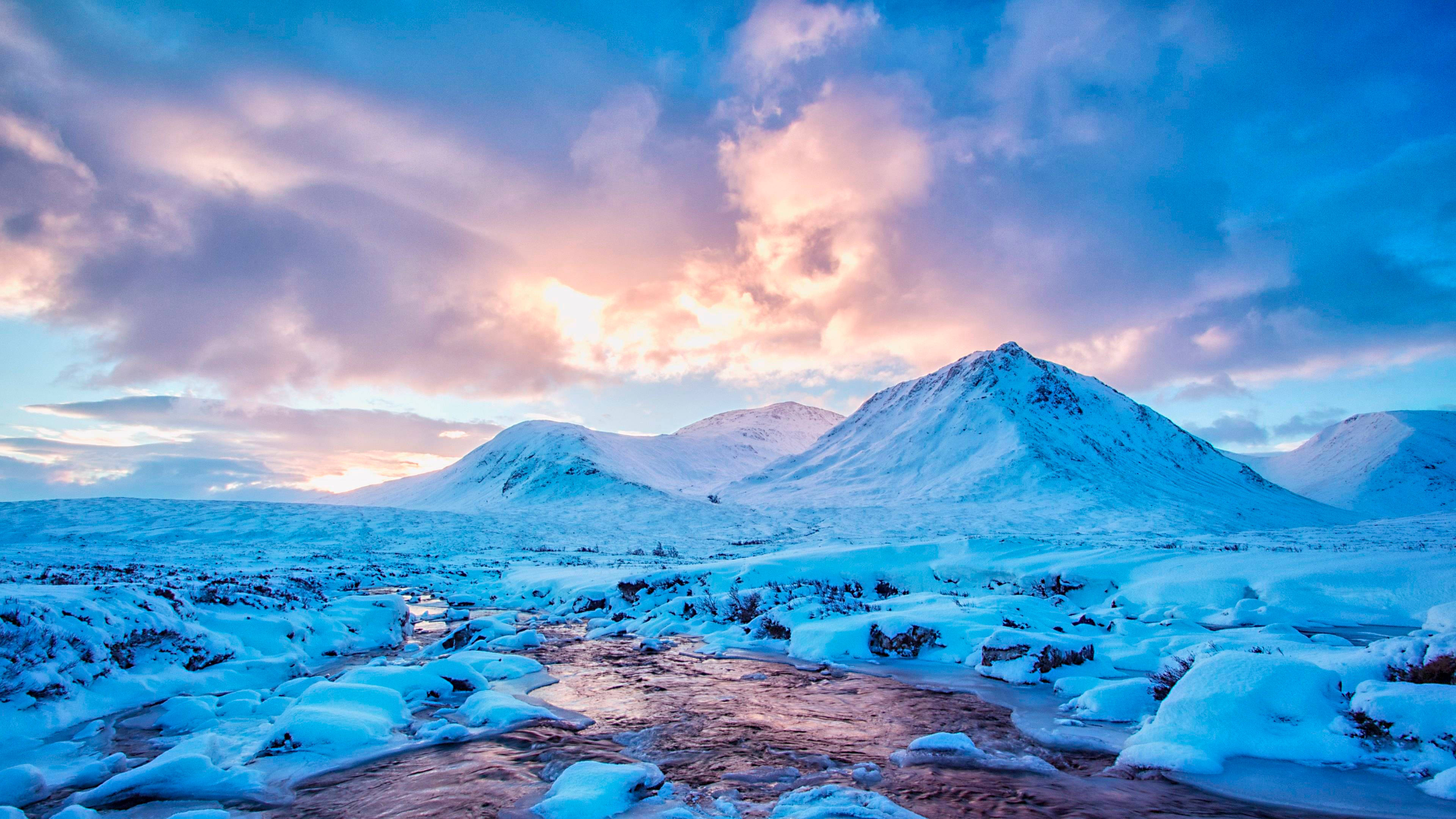 4K Computer, white snow mountains, vibrant twilight sky, 4K Desktop Wallpaper
