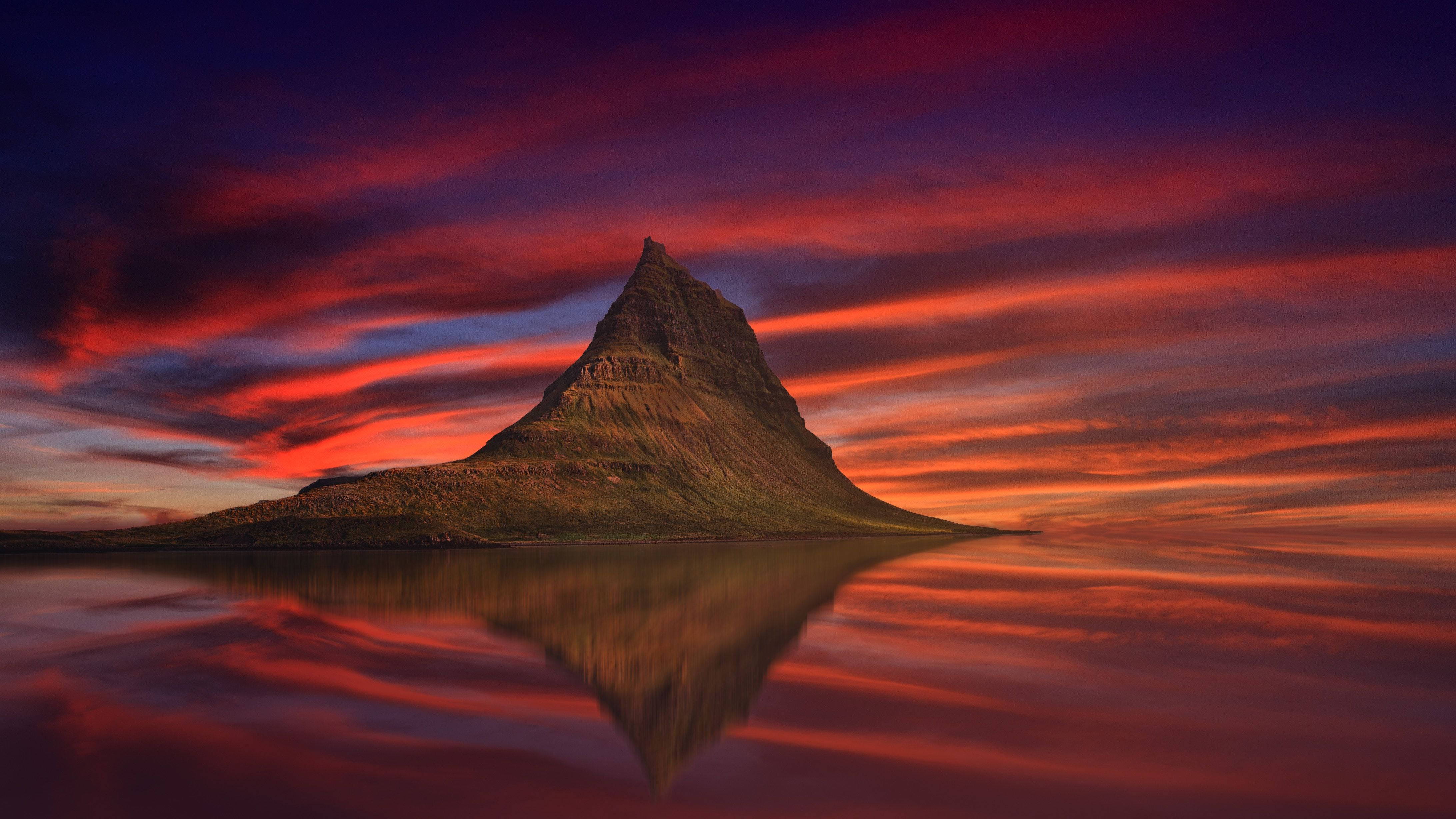 4K Computer, cone-shaped mountain, calm waters, 4K Desktop Wallpaper
