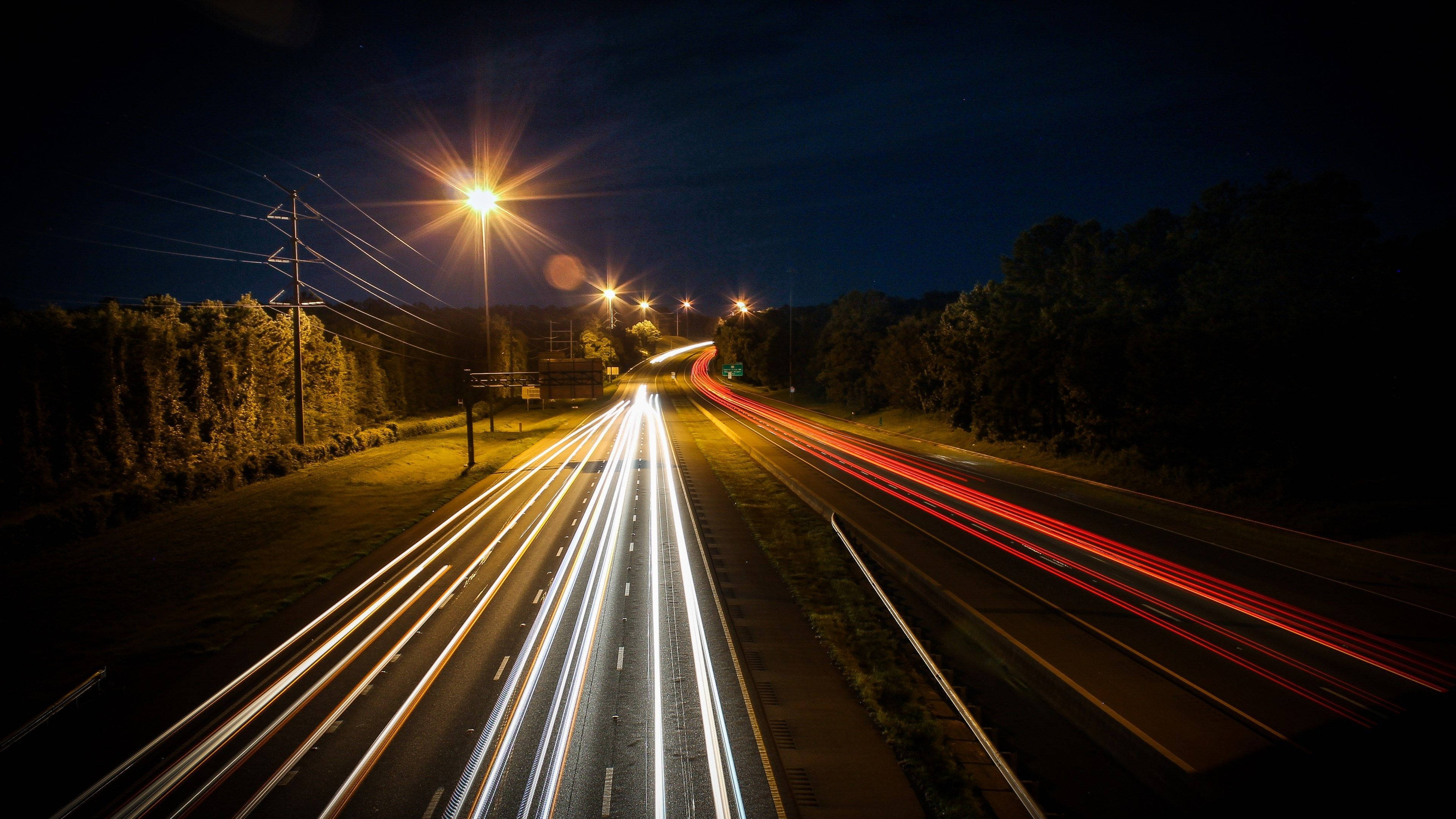 4K Computer, car lights, road, 4K Desktop Wallpaper