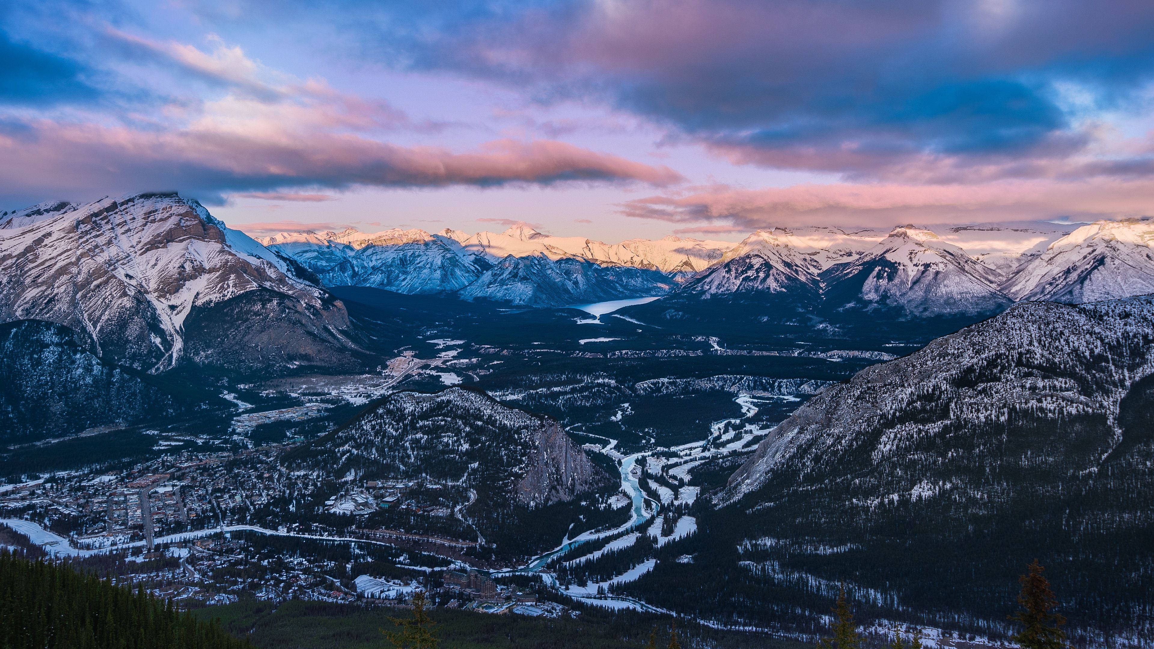 4K Computer, snowcapped mountains, pink and blue sunset sky, 4K Desktop Wallpaper