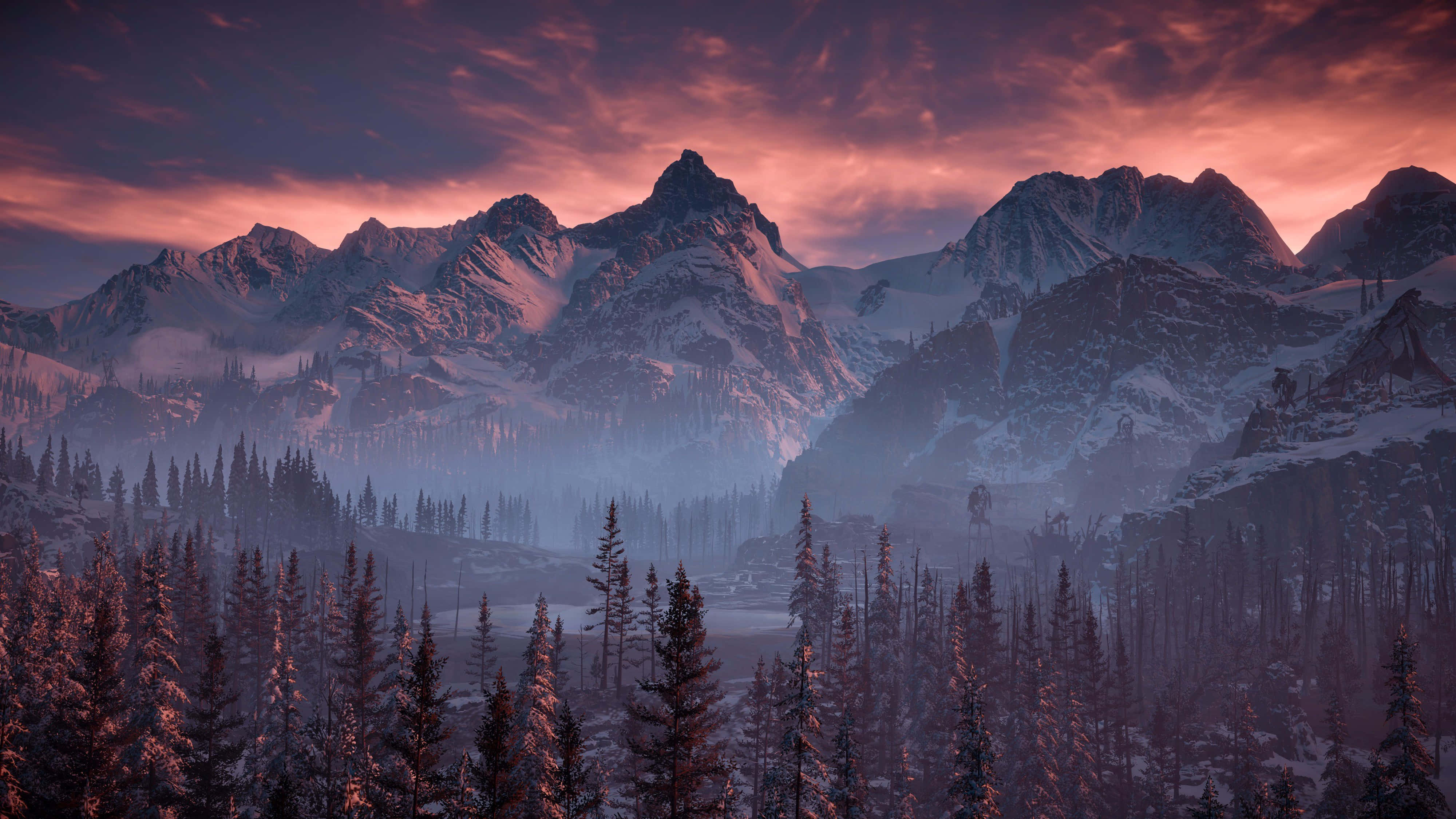 4K Majestic Mountain Ranges, snowcapped mountains, fiery pink and purple sunset, 4K Desktop Wallpaper