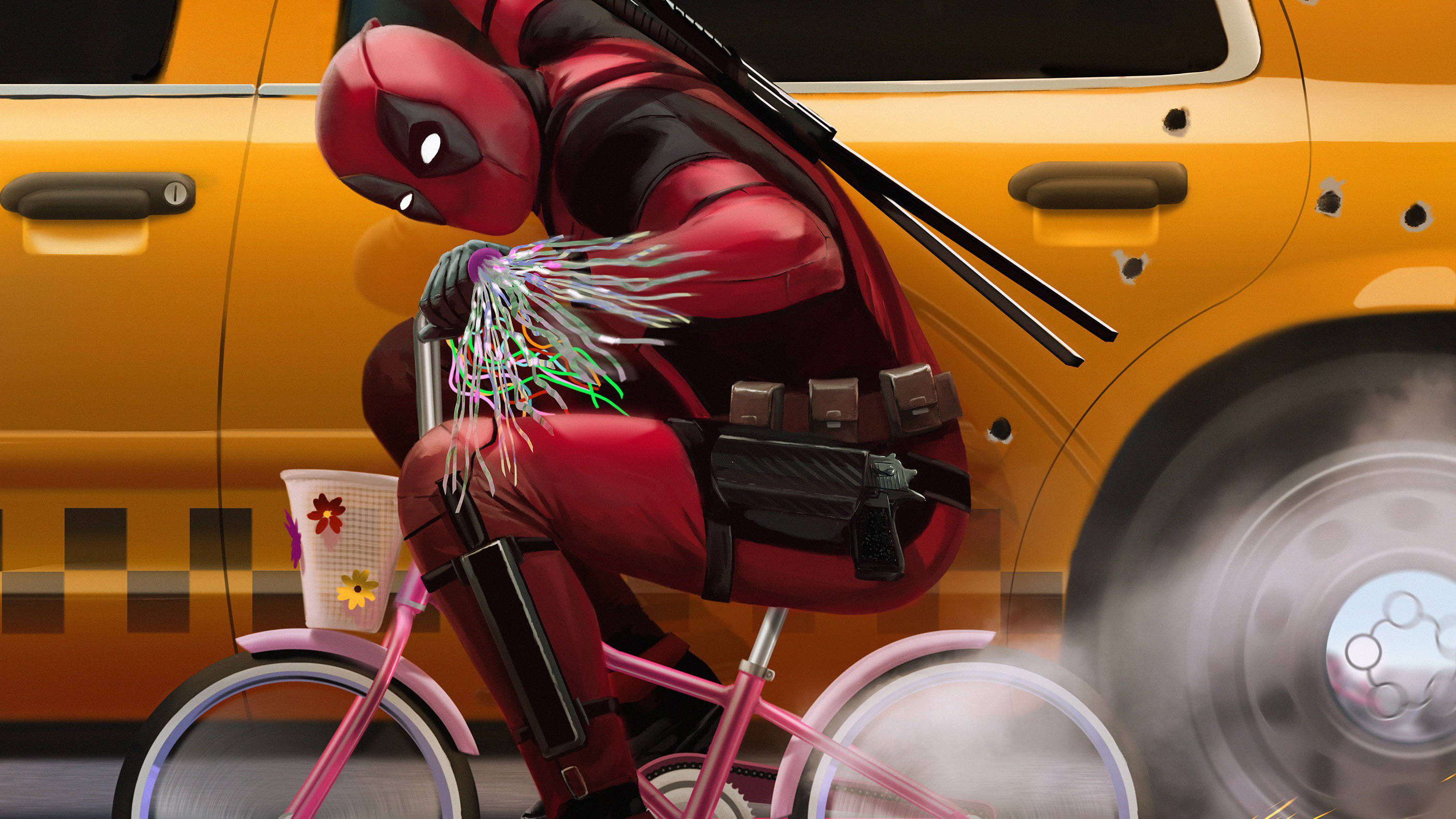 4K Deadpool, pink bicycle, yellow taxi, 2K Desktop Wallpaper