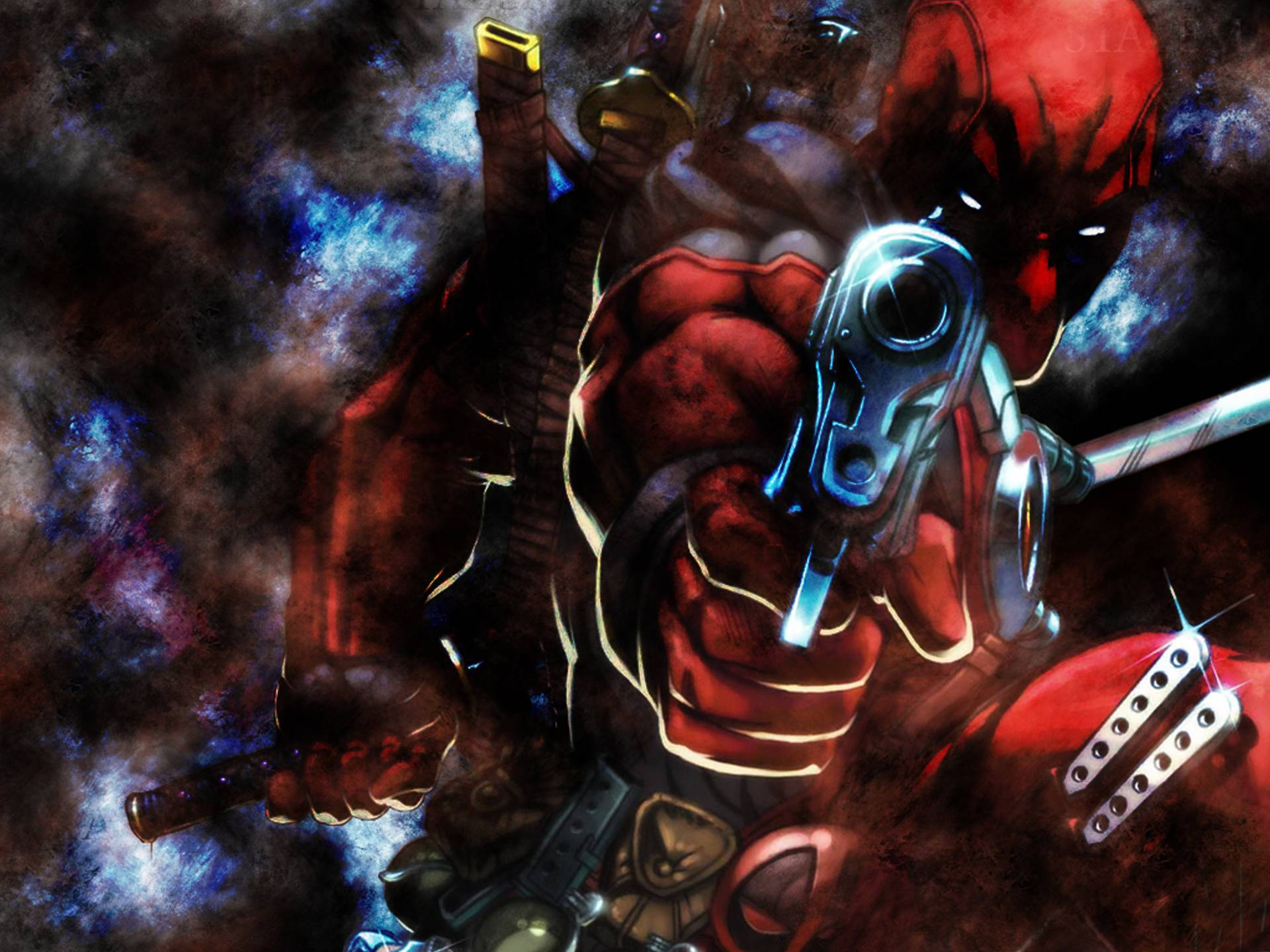 Deadpool, red suit, glowing gun, Full HD Desktop Wallpaper