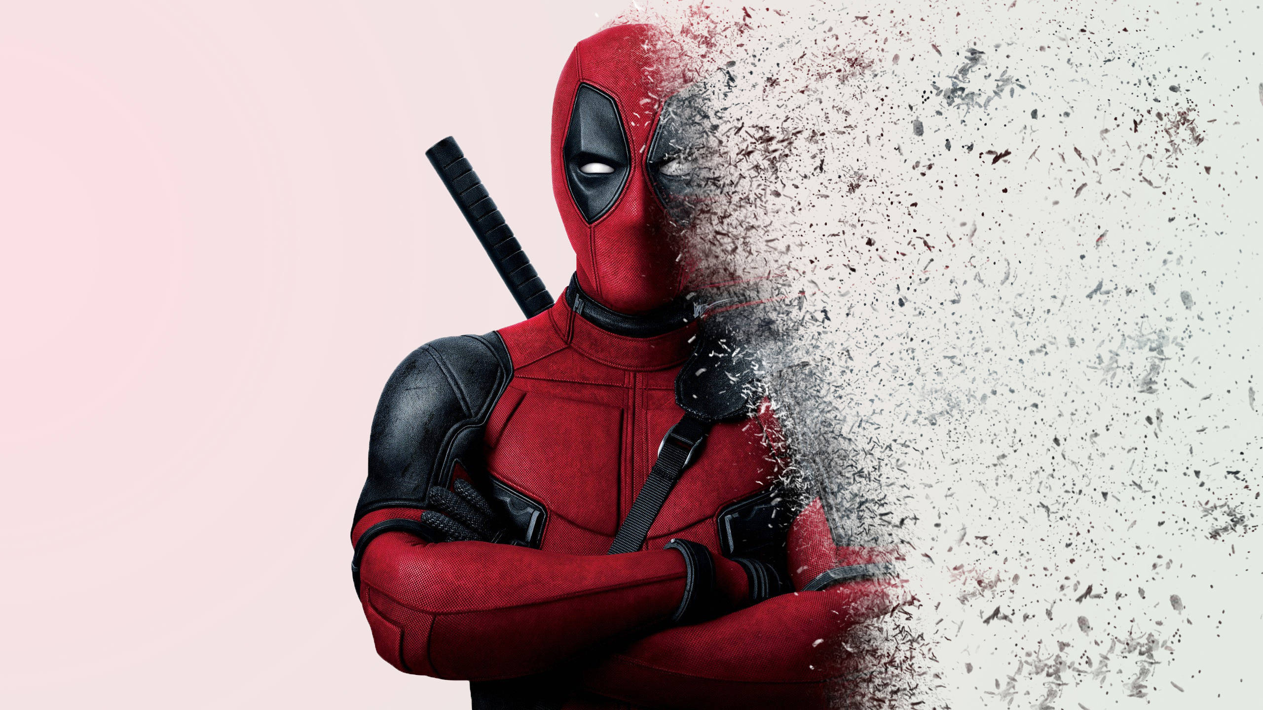 4K Deadpool, red and black suit, disintegrates into particles, 2K Desktop Wallpaper