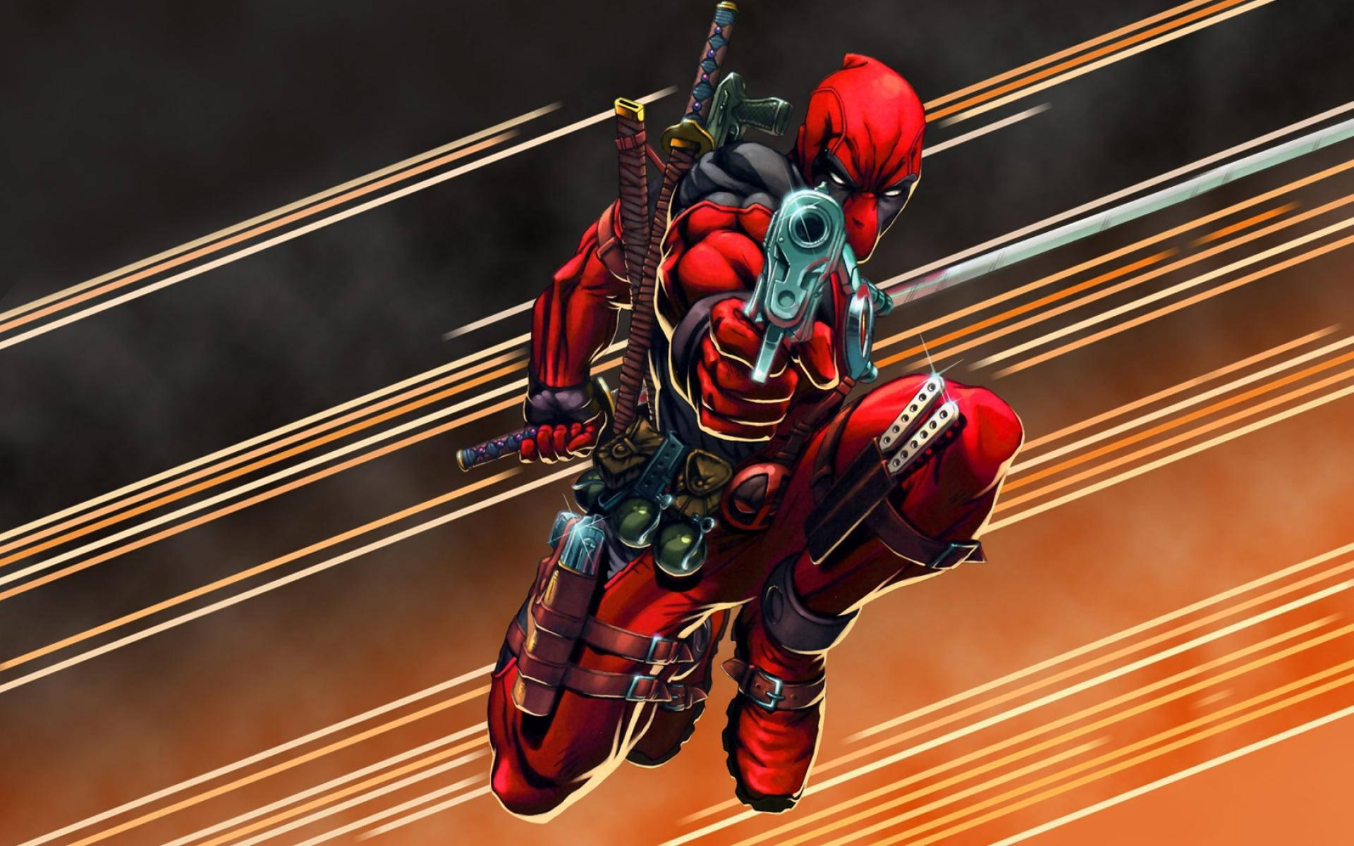 4K Deadpool, red suit, streaked orange and black motion blur background, Full HD Desktop Wallpaper