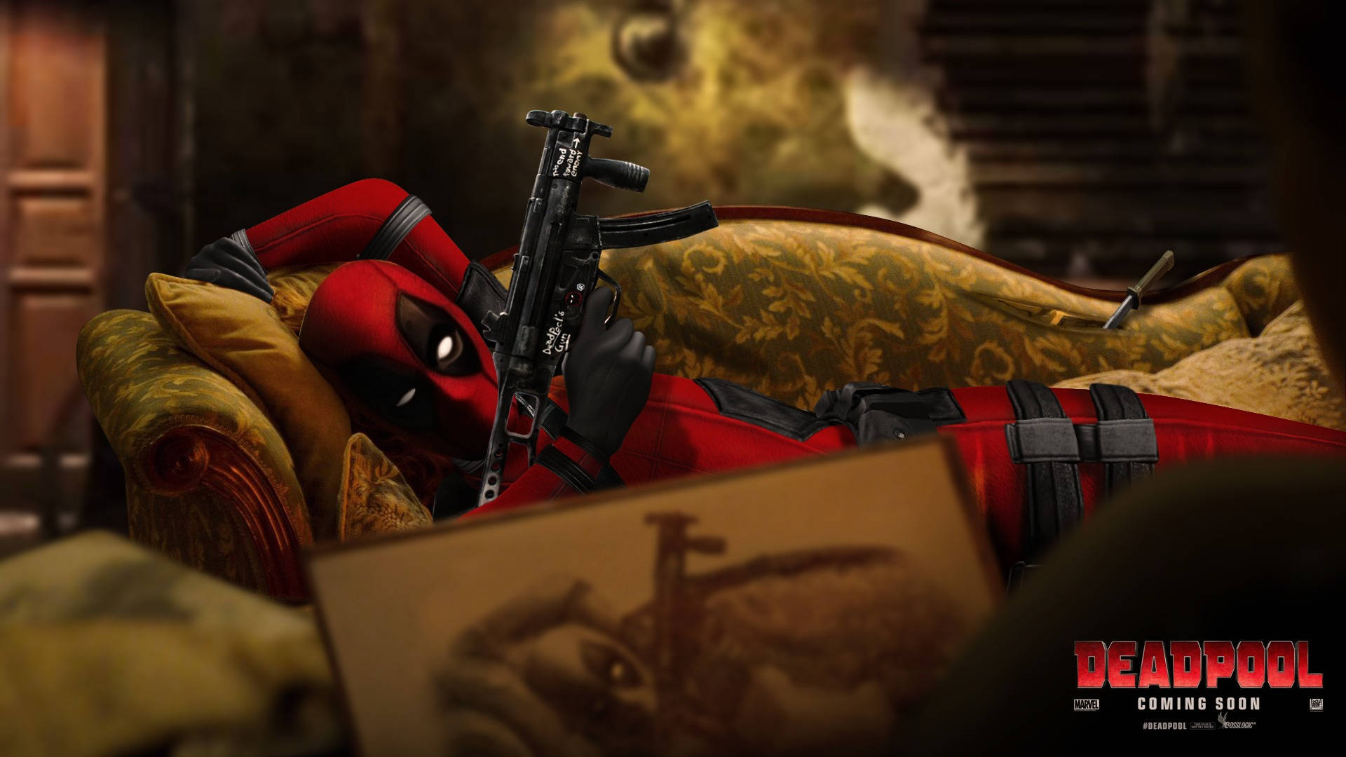 4K Deadpool, gold patterned couch, rifle, Full HD Desktop Wallpaper