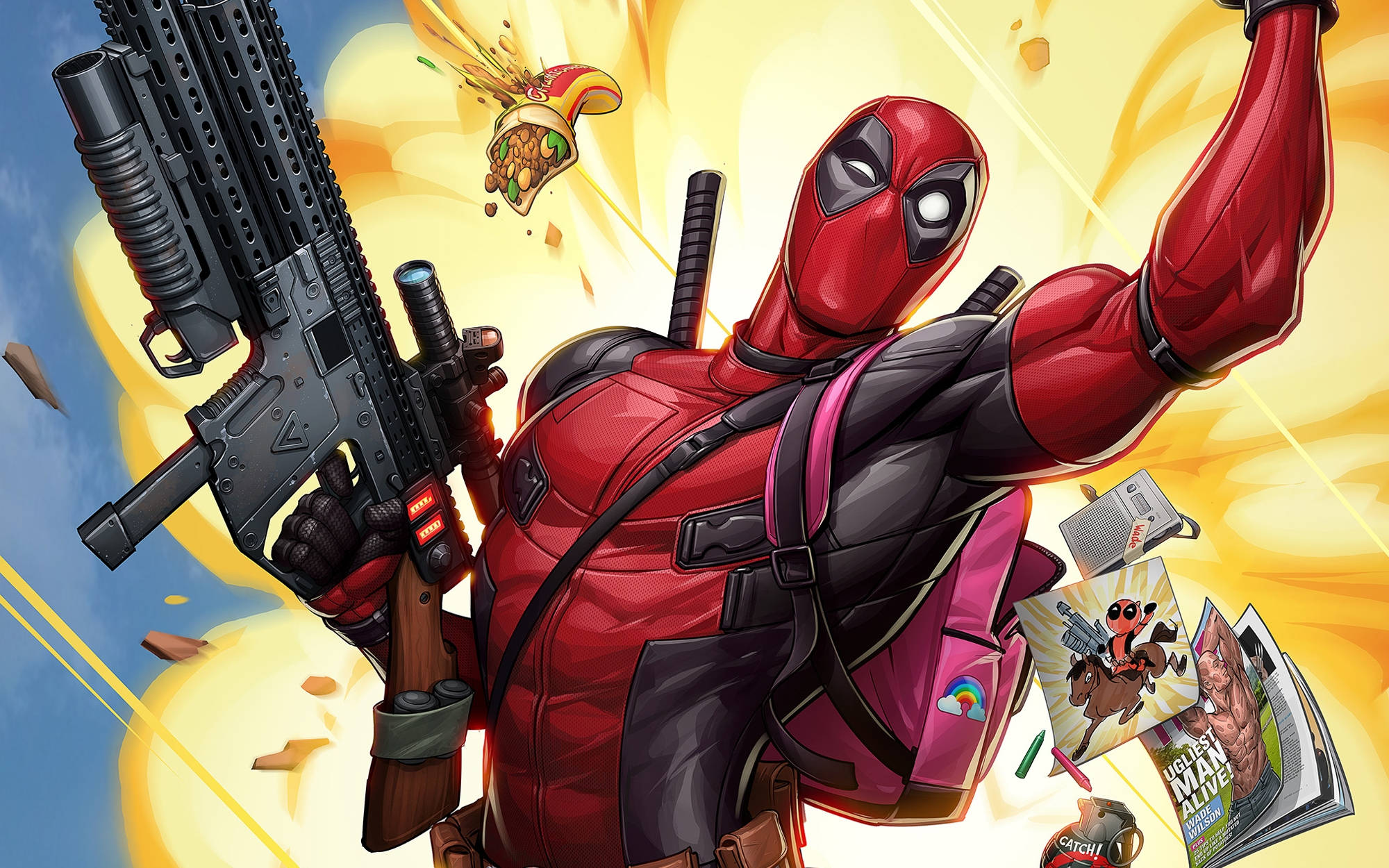 4K Deadpool, red suit, heavy gun, Full HD Desktop Wallpaper