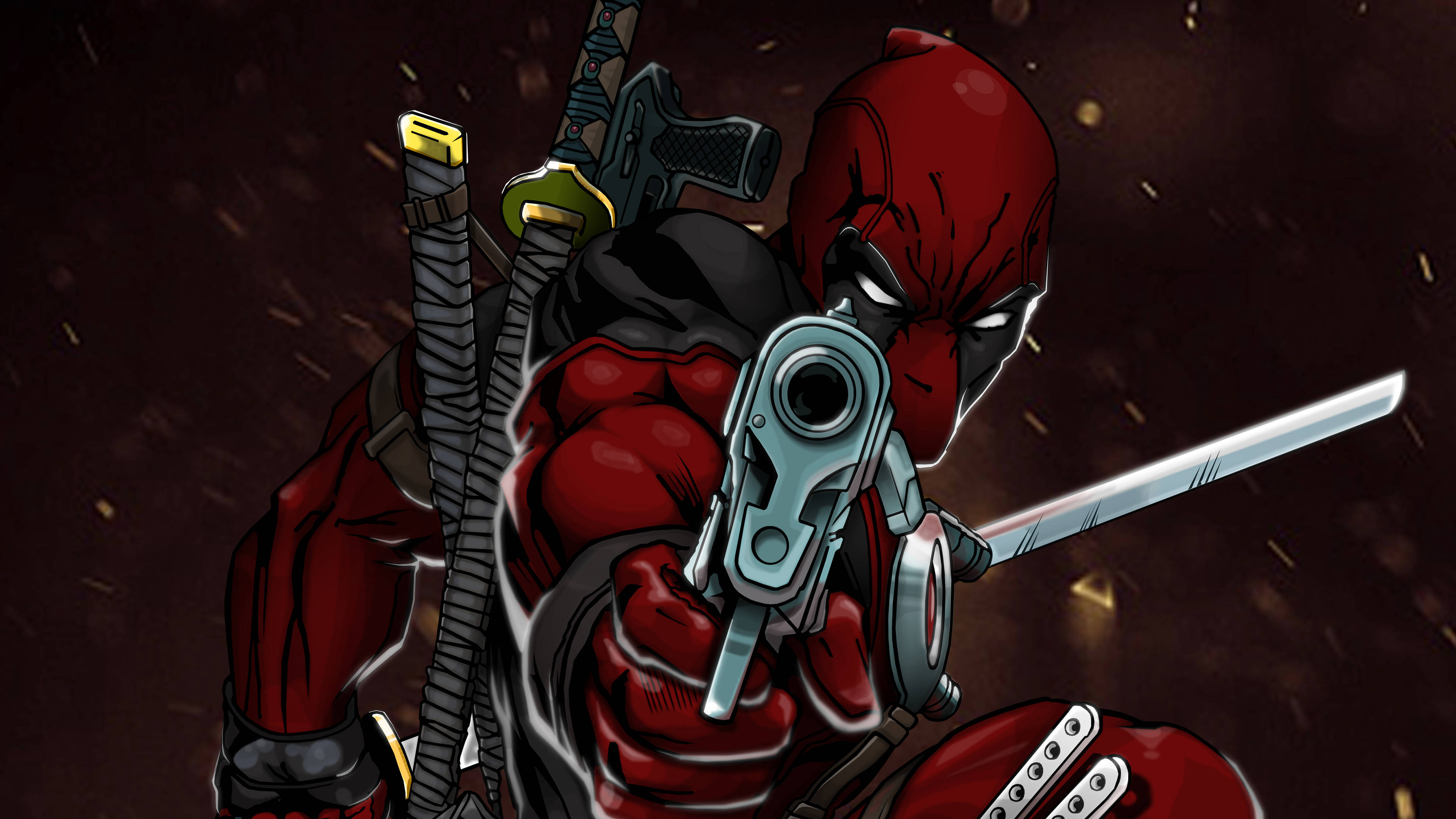 4K Deadpool, red and black suit, silver gun, 4K Desktop Wallpaper