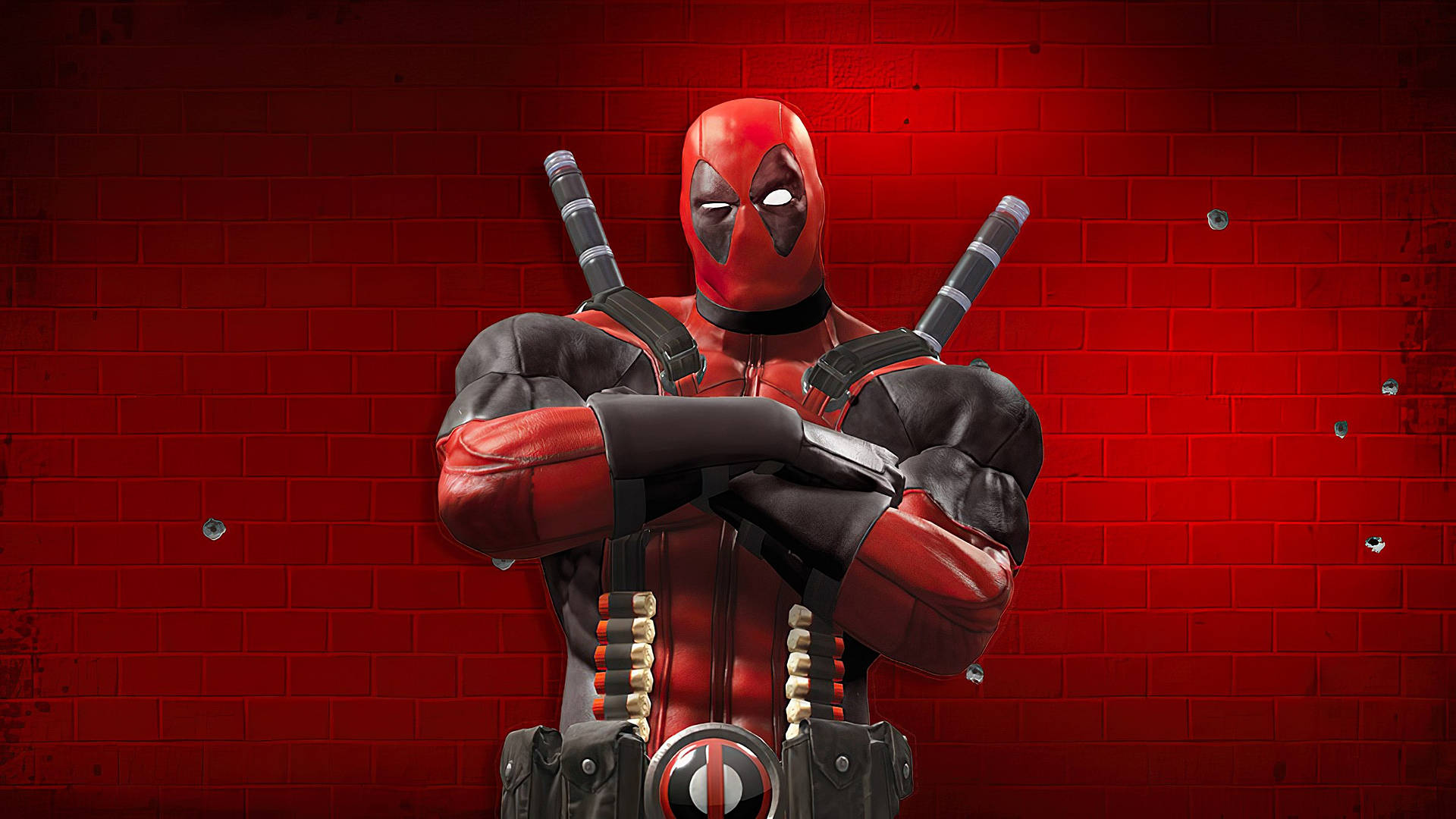 4K Deadpool, arms crossed, blood-red brick wall, Full HD Desktop Wallpaper