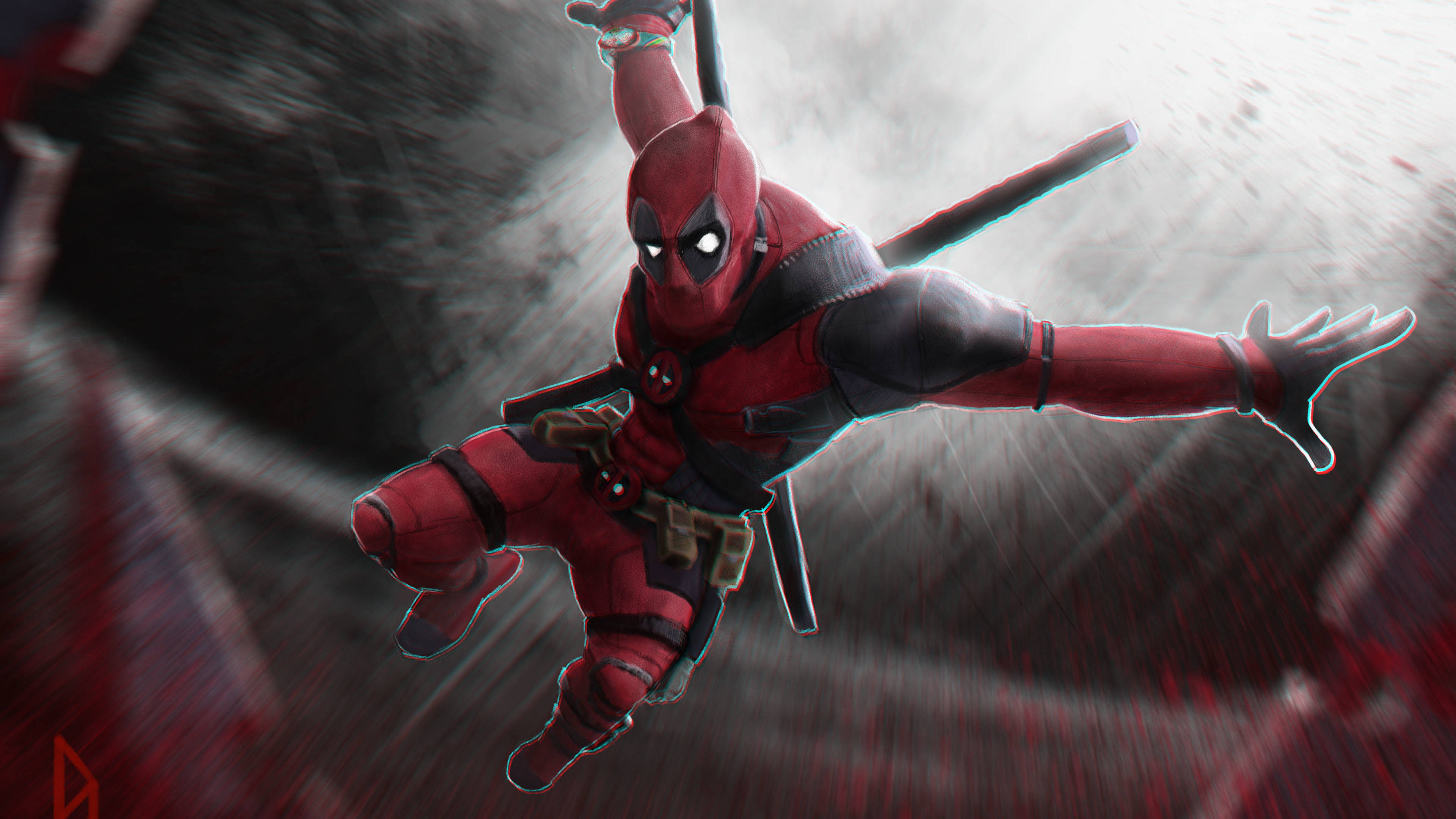 4K Deadpool, leaps dynamically, blurred red and gray vortex, 4K Desktop Wallpaper