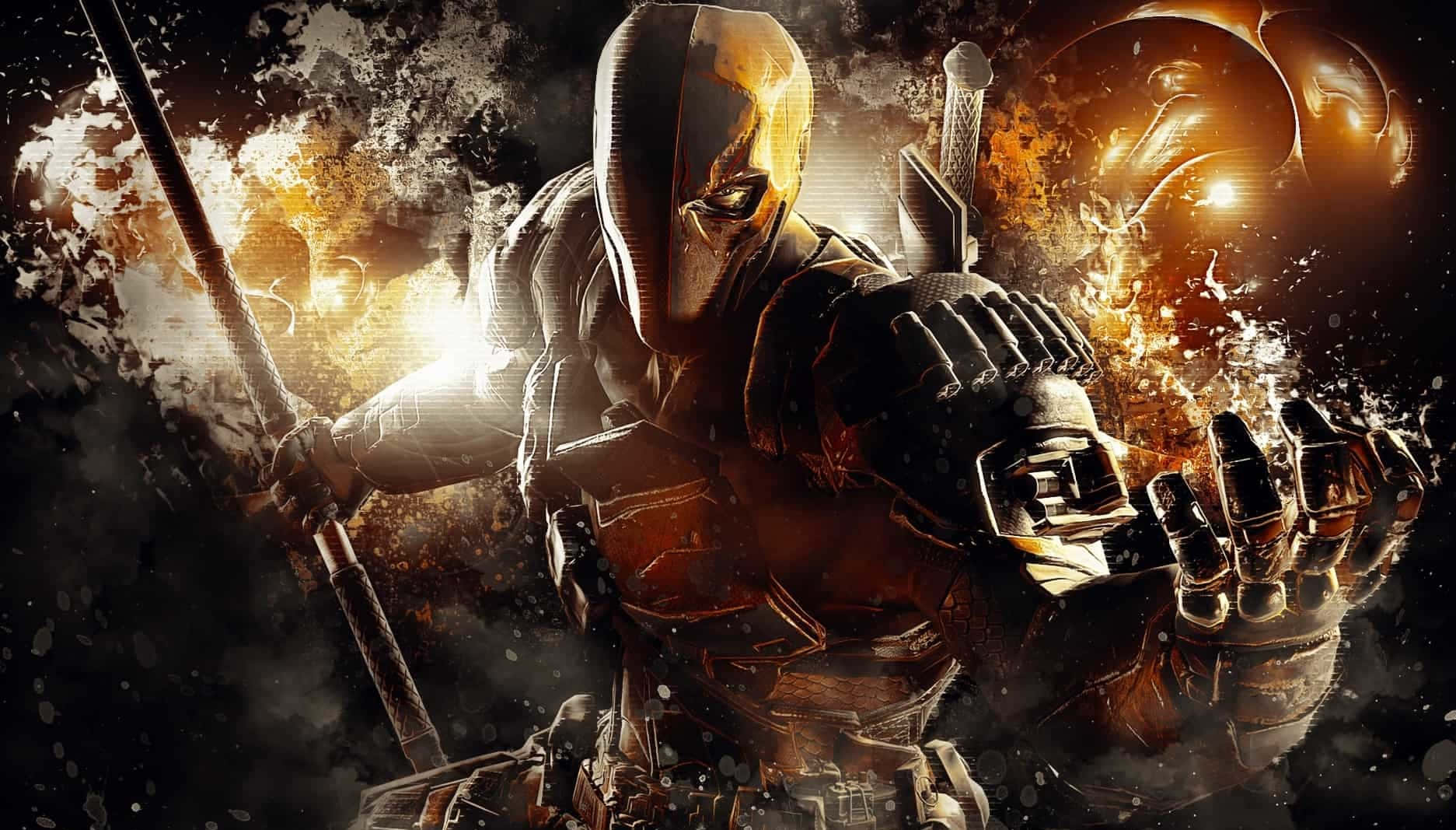 Deadpool, armored gear, explosive golden light, HD Desktop Wallpaper