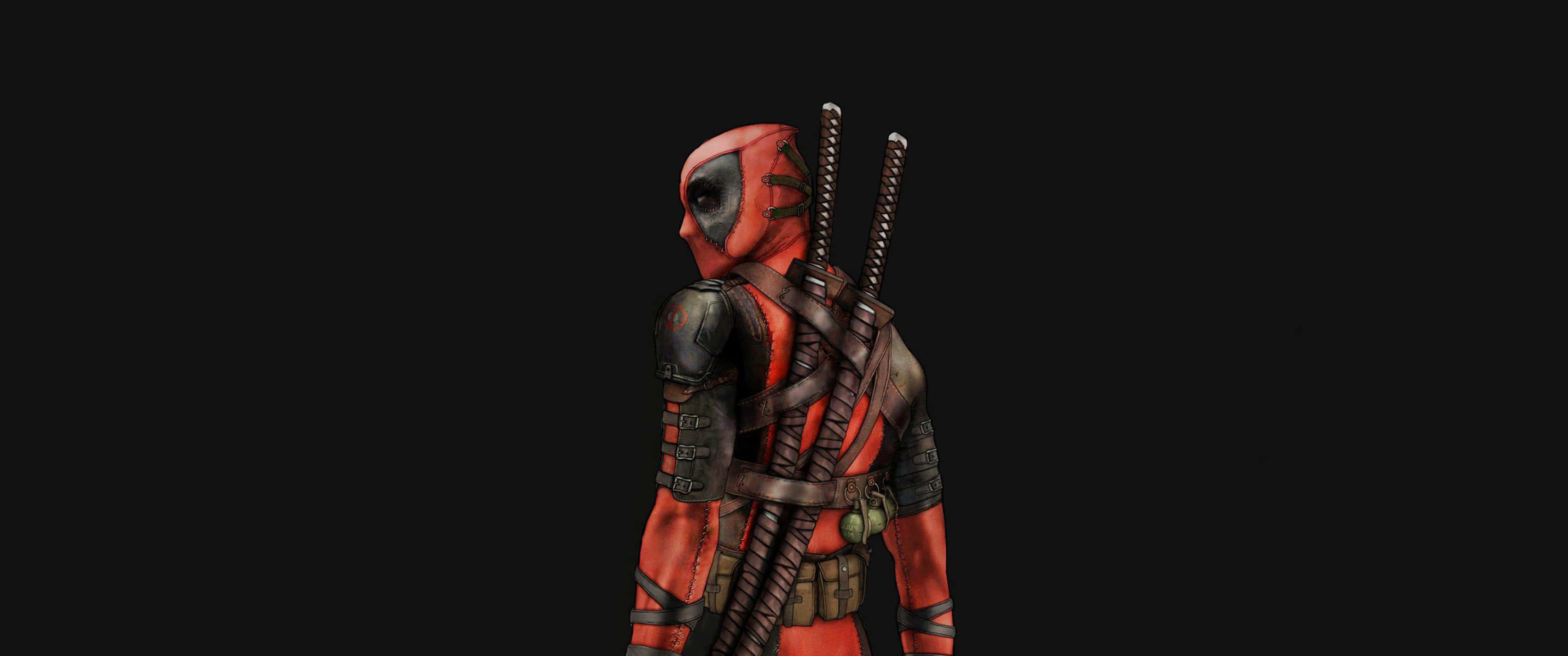 Deadpool, katanas, black background, 2K Desktop Wallpaper