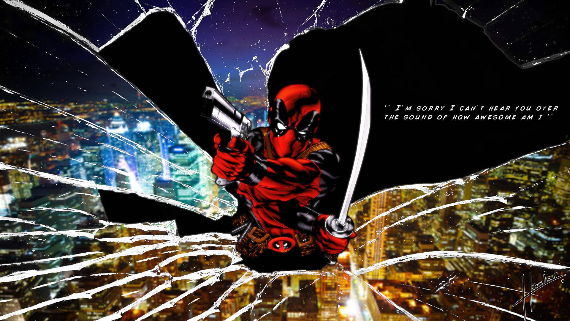 Deadpool, cracked screen, shattered glass pane, Full HD Desktop Wallpaper