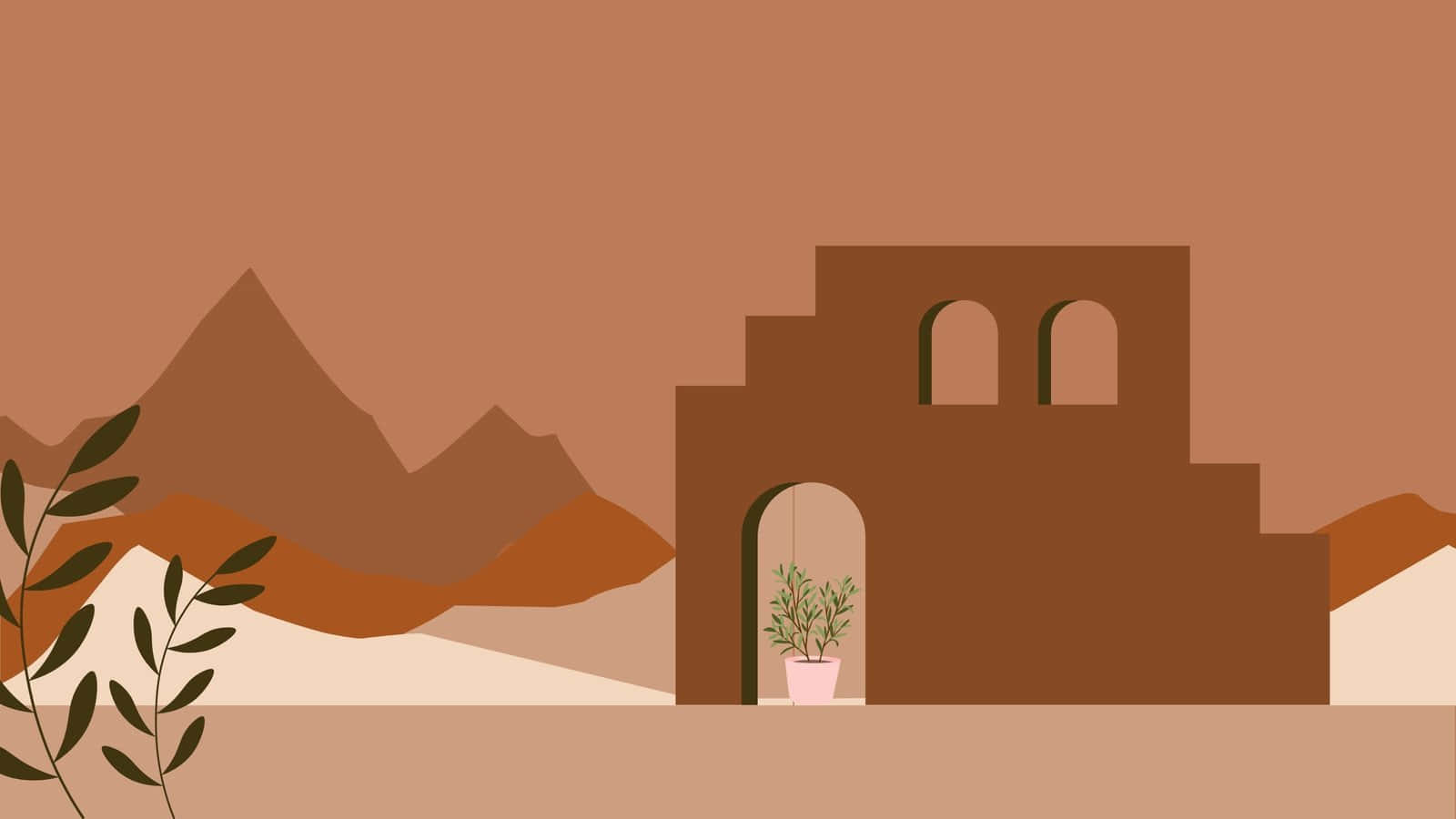 minimalist desert scene, terracotta ruin, potted plant, HD Desktop Wallpaper