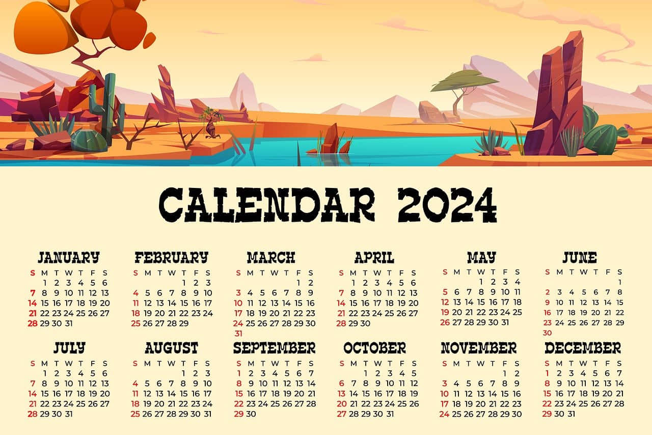 Desert Landscape Calendar2024, orange rocks, turquoise water, HD Desktop Wallpaper