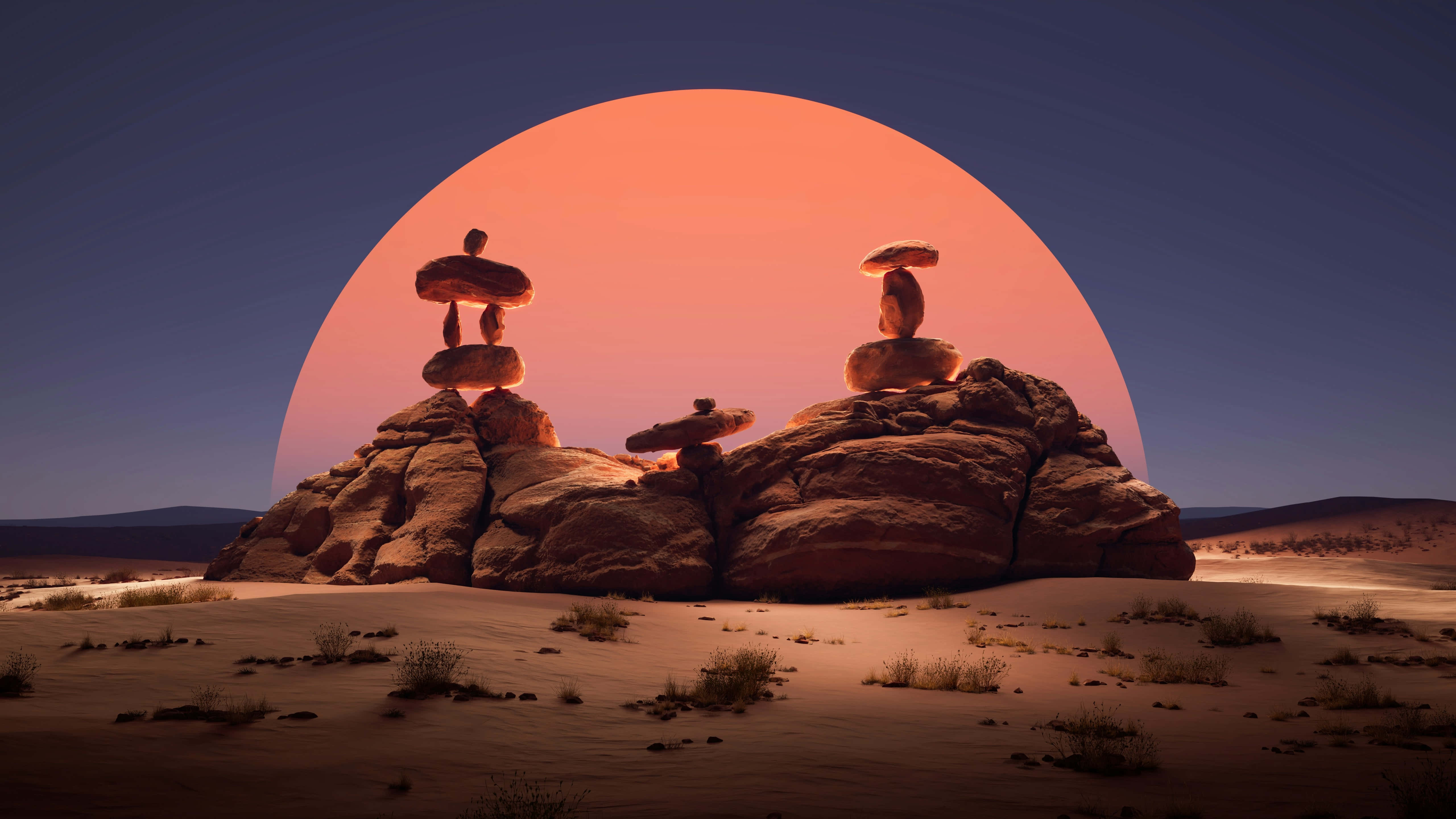 desert rocks, giant sun, rocky outcrops, 5K Desktop Wallpaper