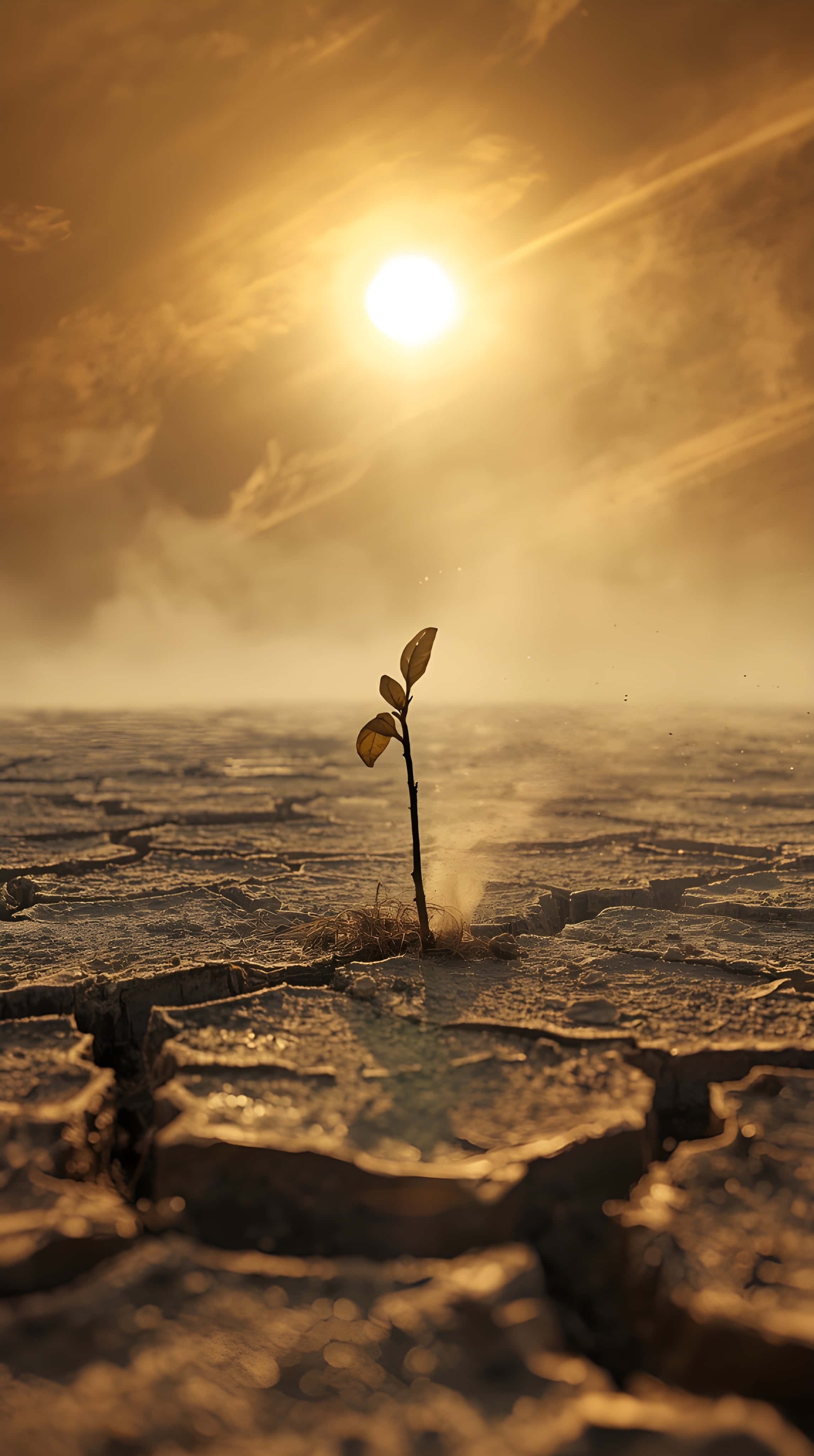 desert, cracked earth, radiant golden sun, 4K Phone Wallpaper