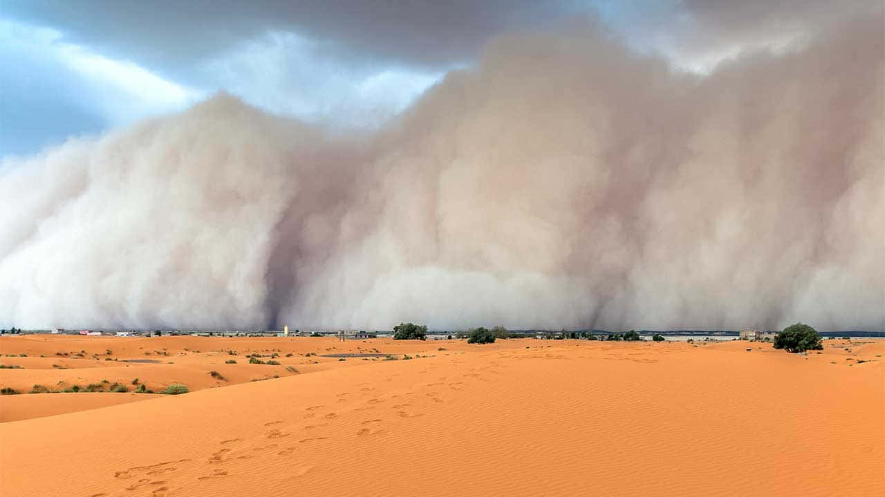 dust storm, orange desert, cloudy sky, HD Desktop Wallpaper