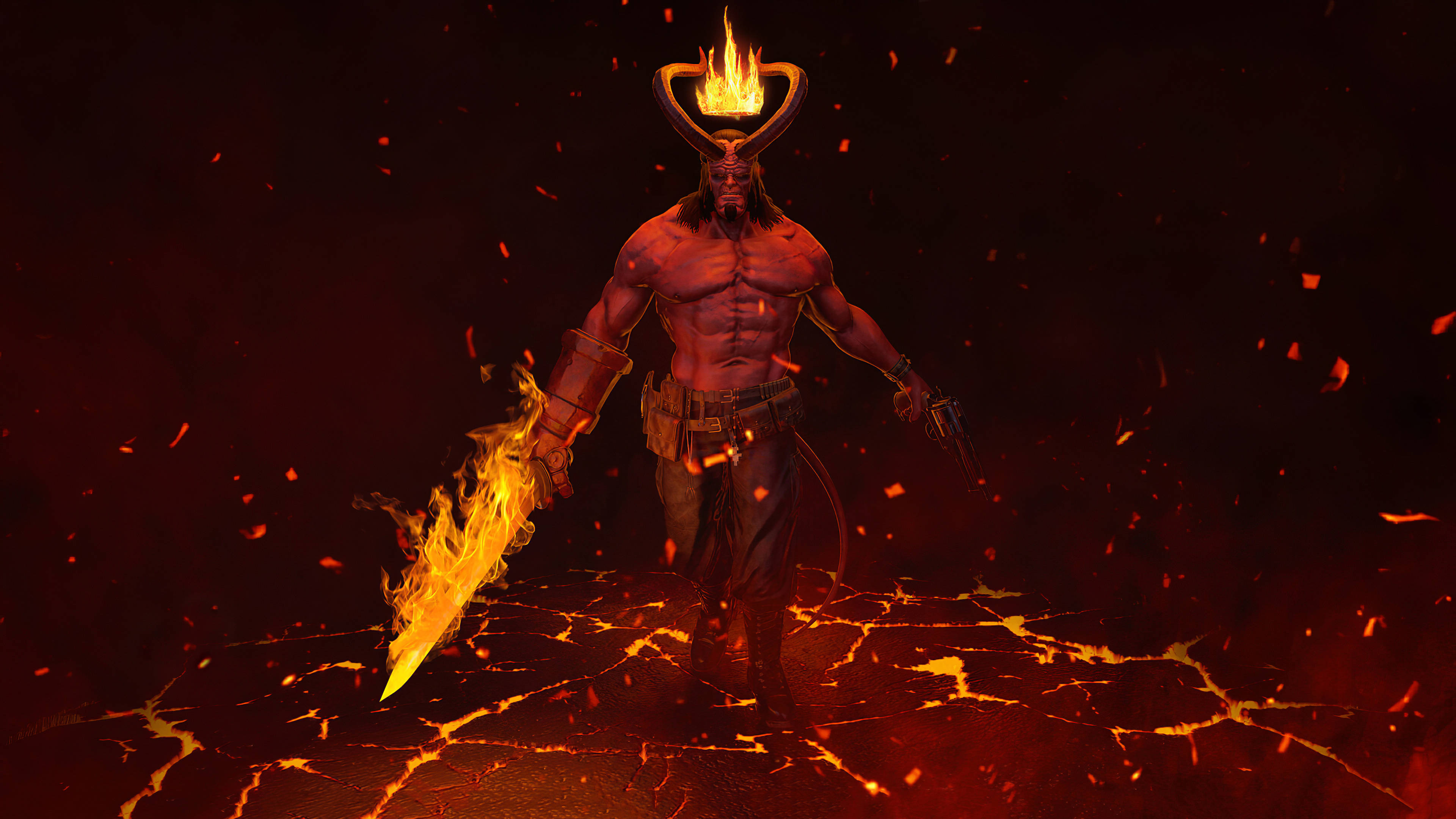 4K Devil, flaming sword, flaming horns, 4K Desktop Wallpaper